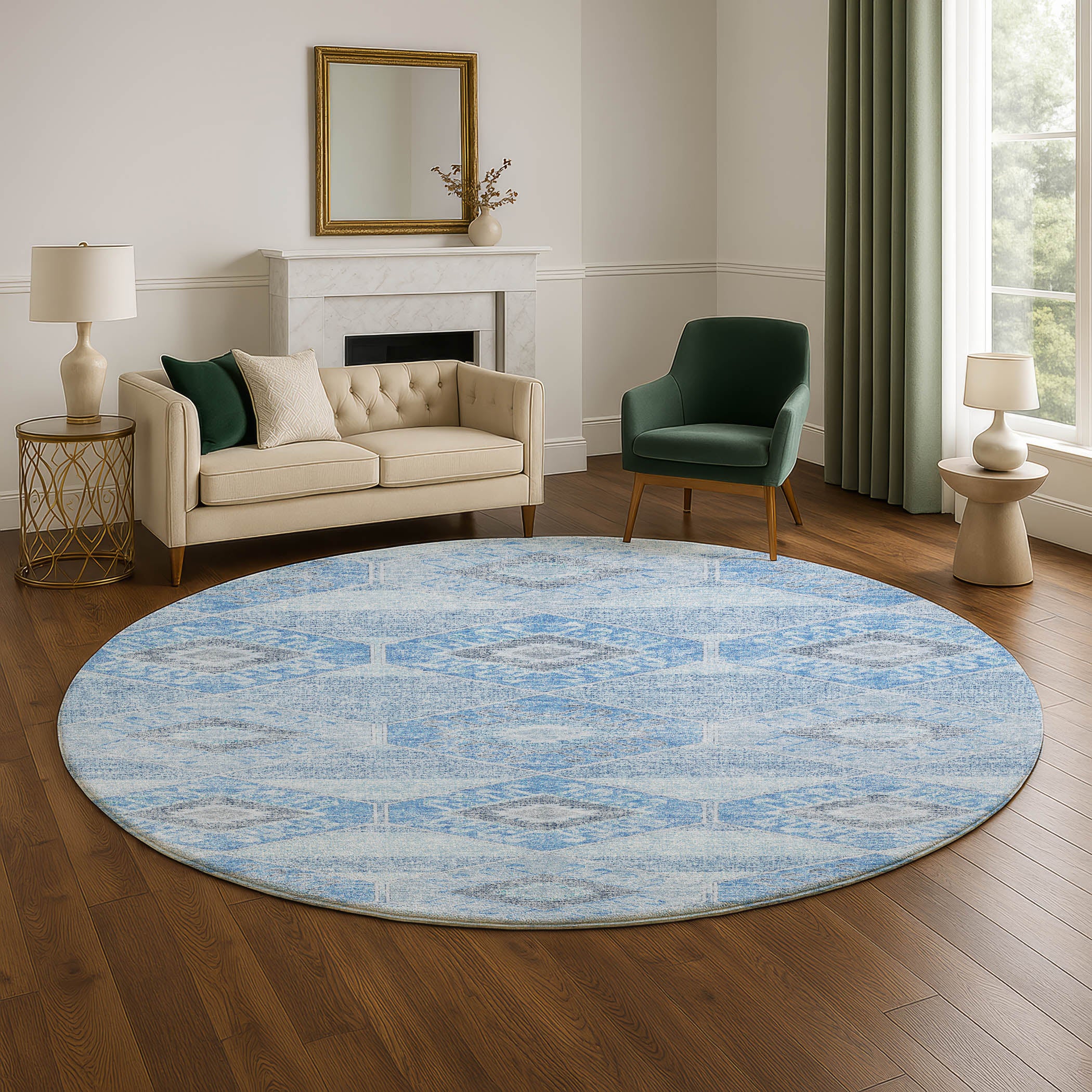 Florence Machine Washable Transitional Blue Rug 8' x 8' #shape_Round