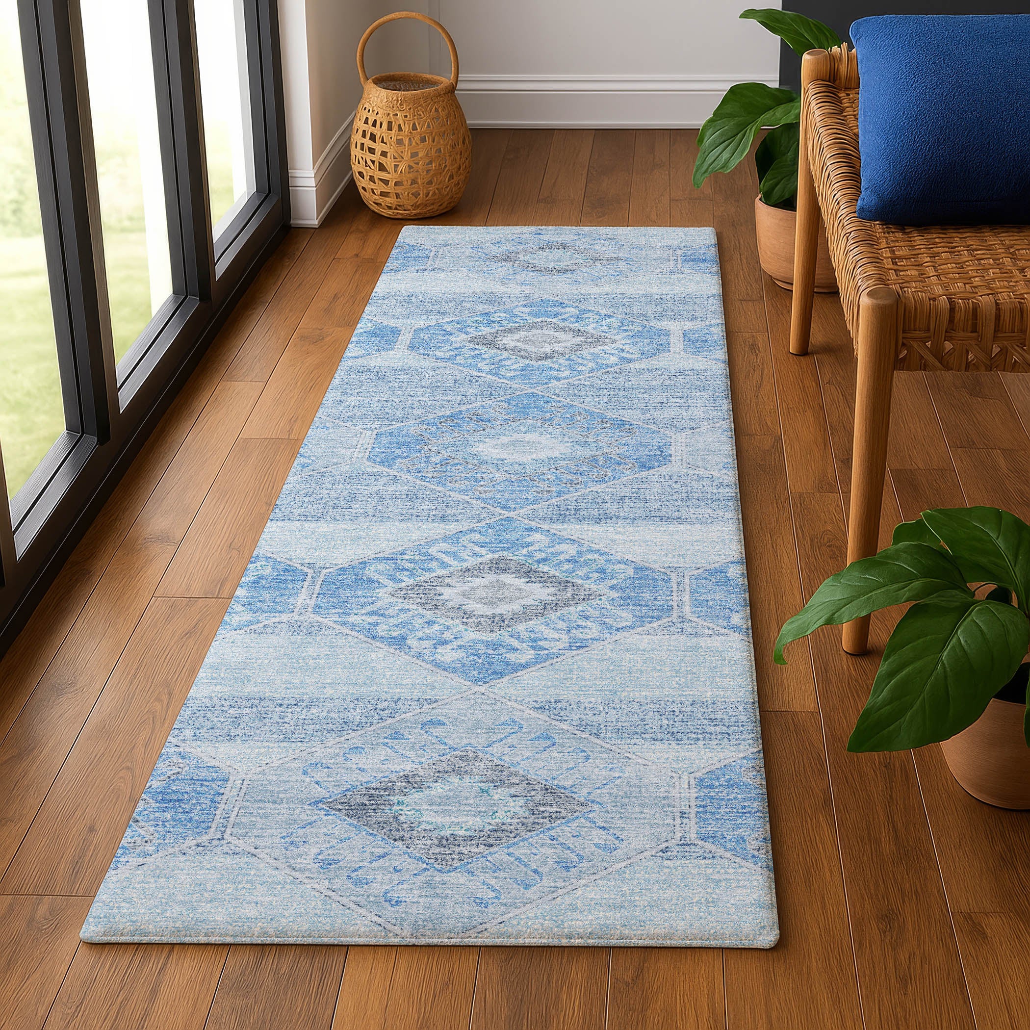 Florence Machine Washable Transitional Blue Rug 2'3" x 7'6" #shape_Runner