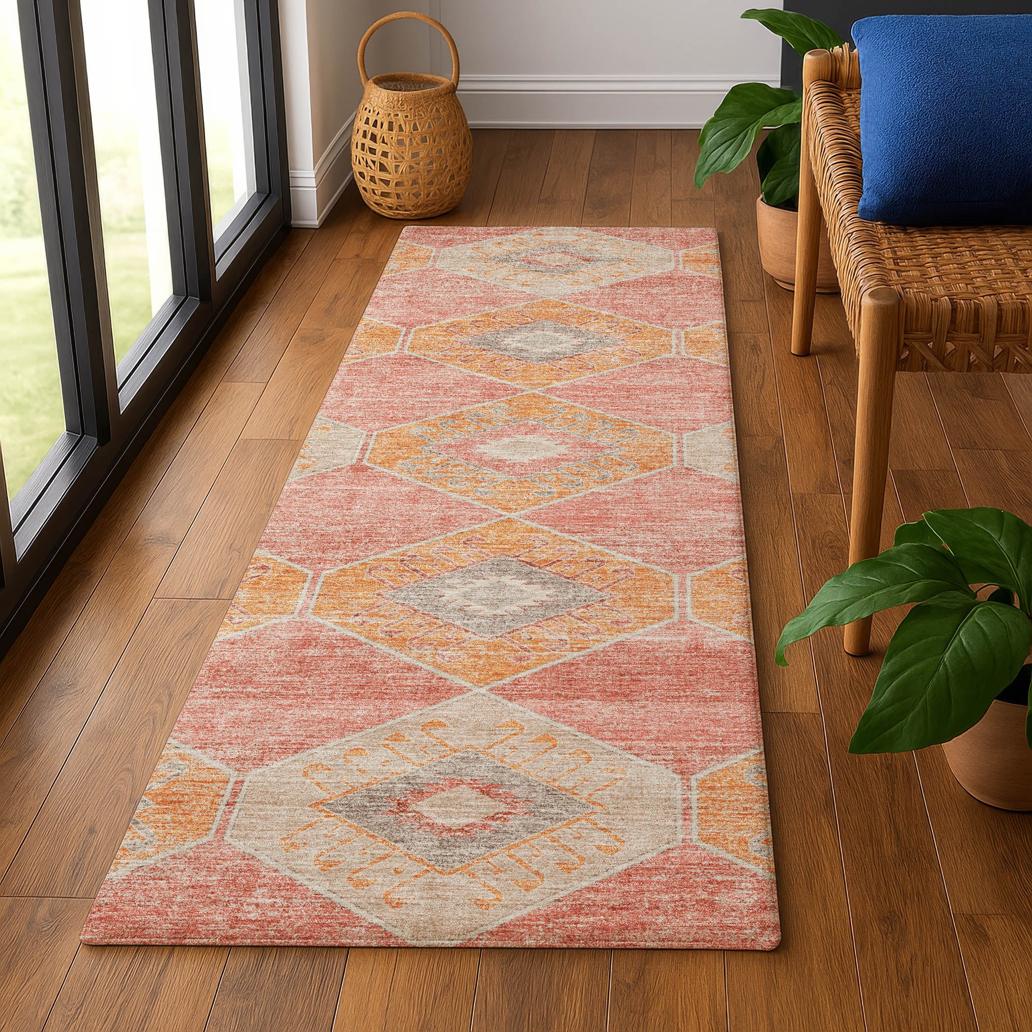 Florence Machine Washable Transitional Coral Orange Rug 2'3" x 7'6" #shape_Runner