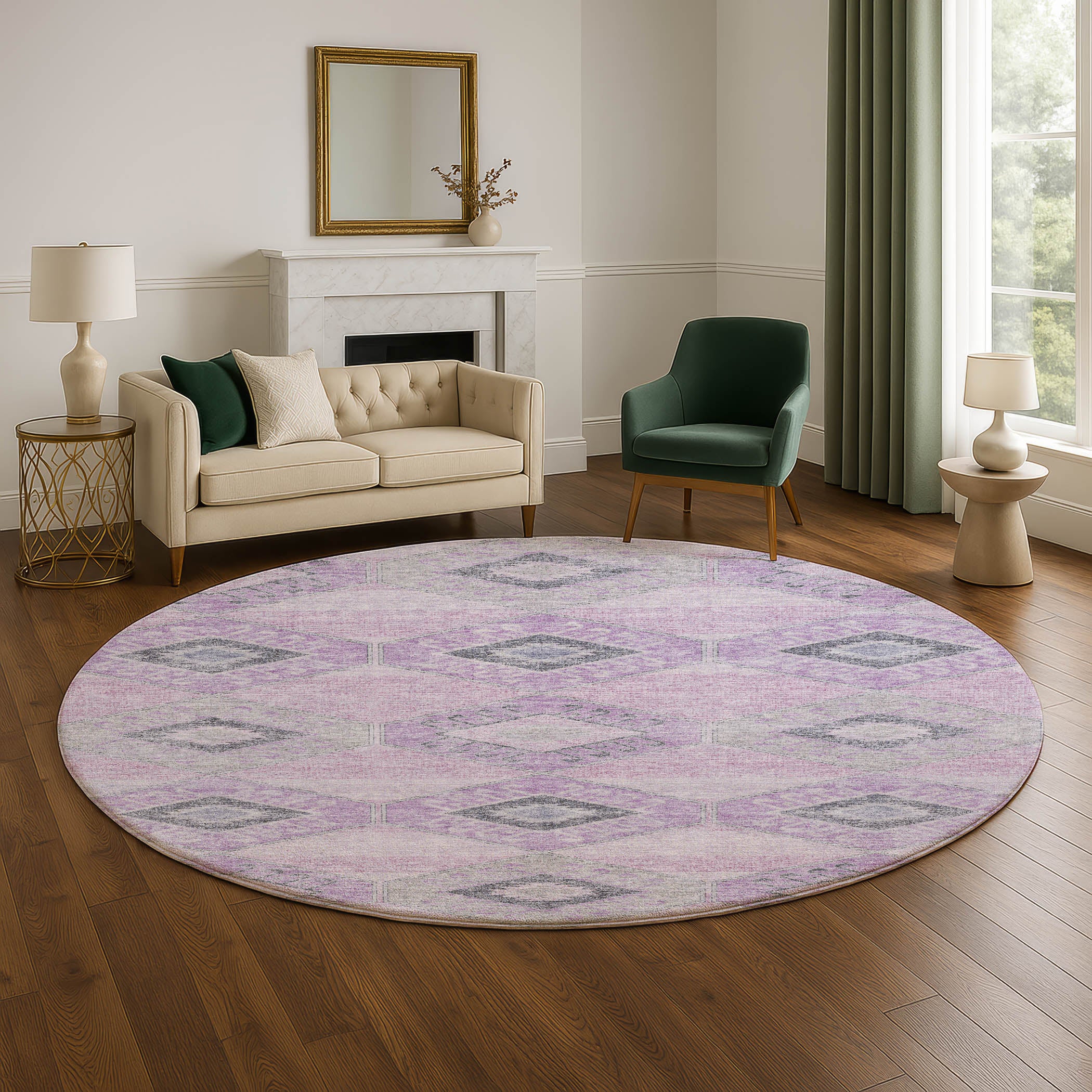 Florence Machine Washable Transitional Lavender Purple Rug 8' x 8' #shape_Round
