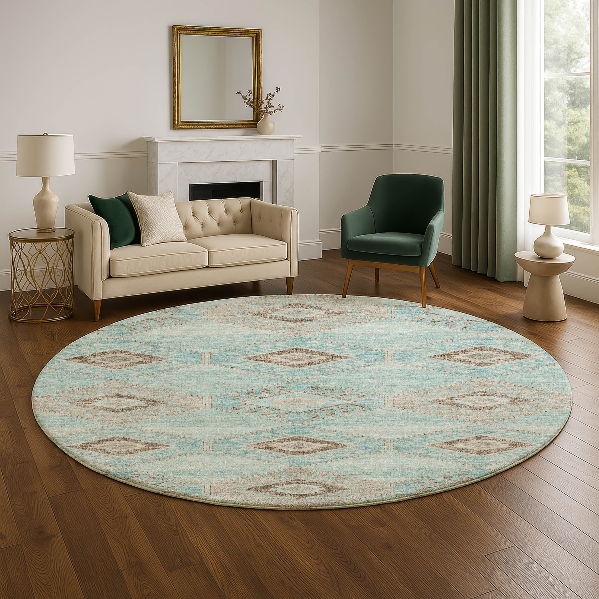 Florence Machine Washable Transitional Teal Rug 8' x 8' #shape_Round
