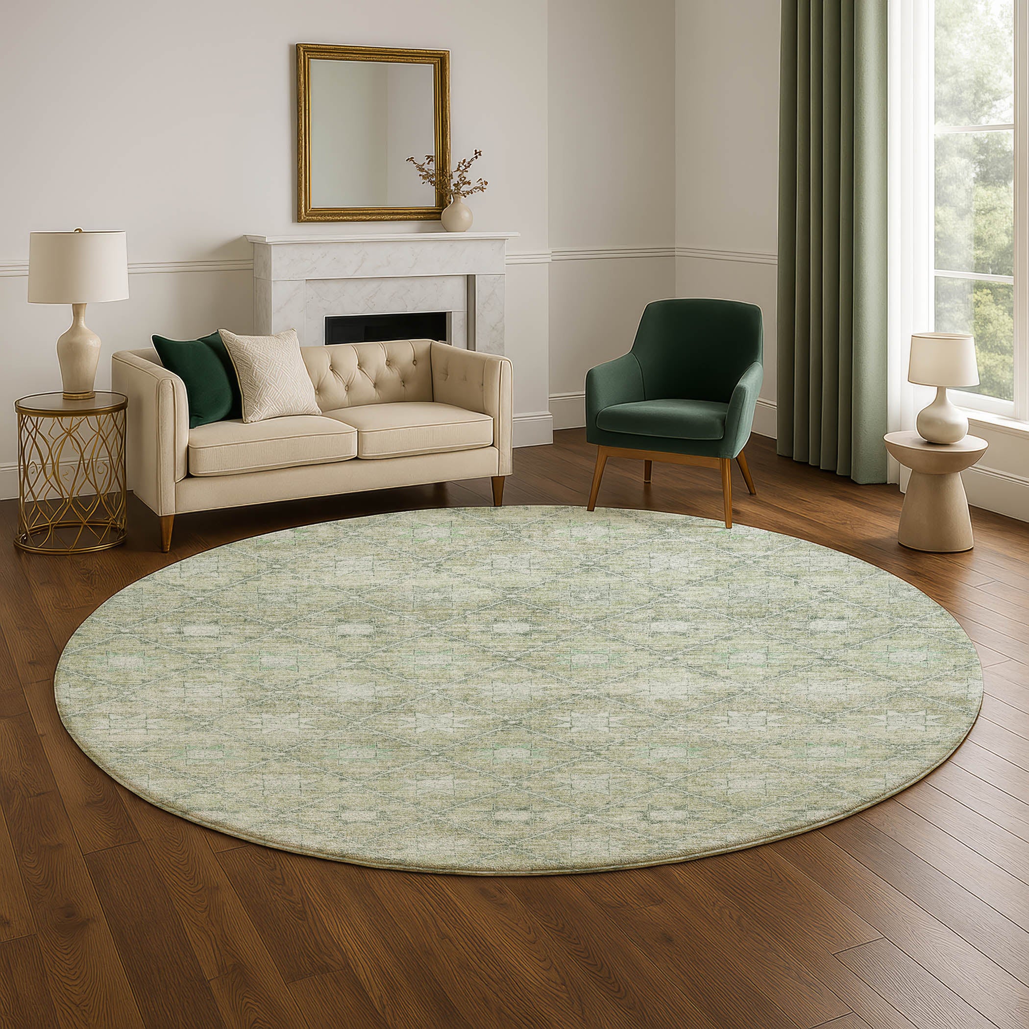 Siena Machine Washable Transitional Aloe Green Rug 8' x 8' #shape_Round
