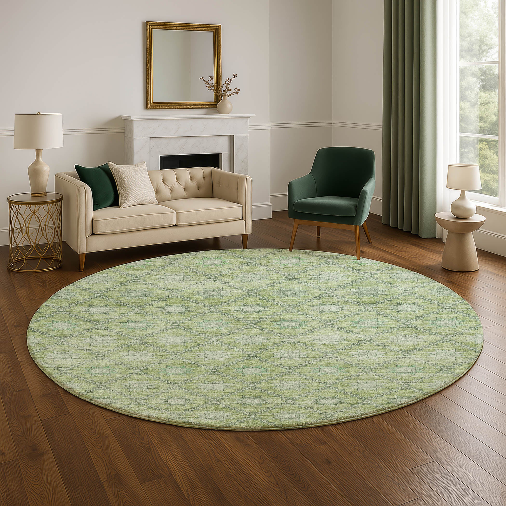 Siena Machine Washable Transitional Green Rug 8' x 8' #shape_Round