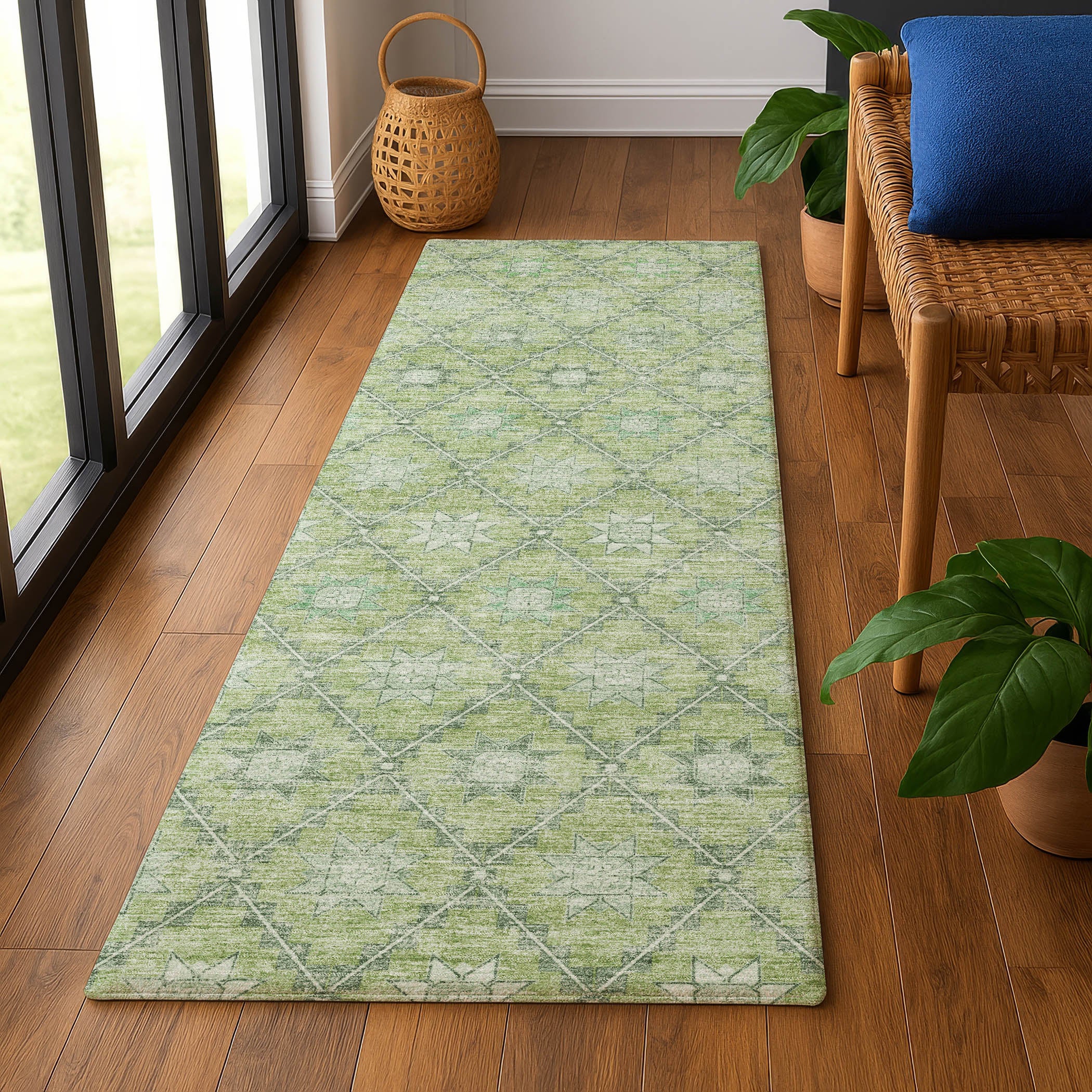 Siena Machine Washable Transitional Green Rug 2'3" x 7'6" #shape_Runner