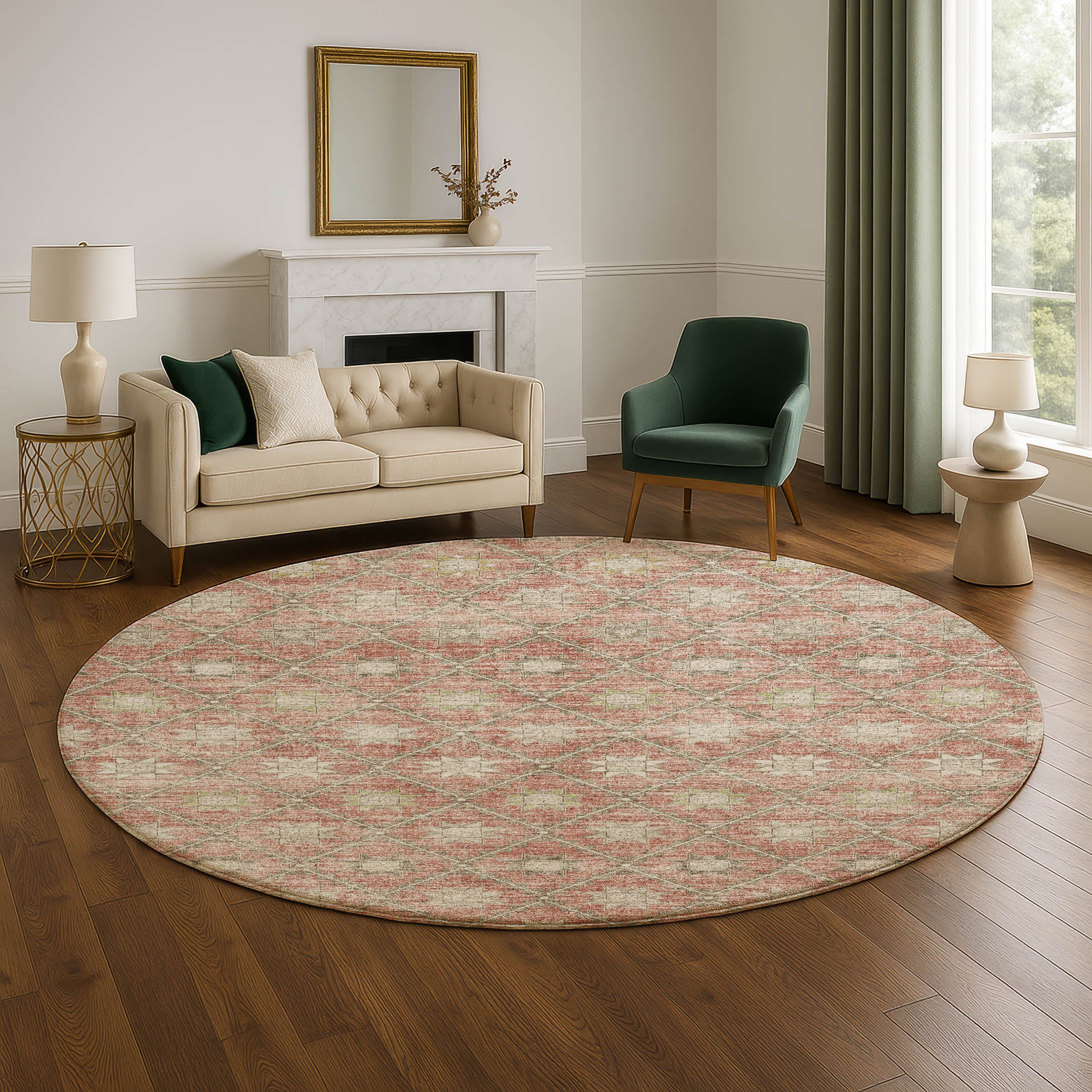 Siena Machine Washable Transitional Terracotta Orange Rug 8' x 8' #shape_Round