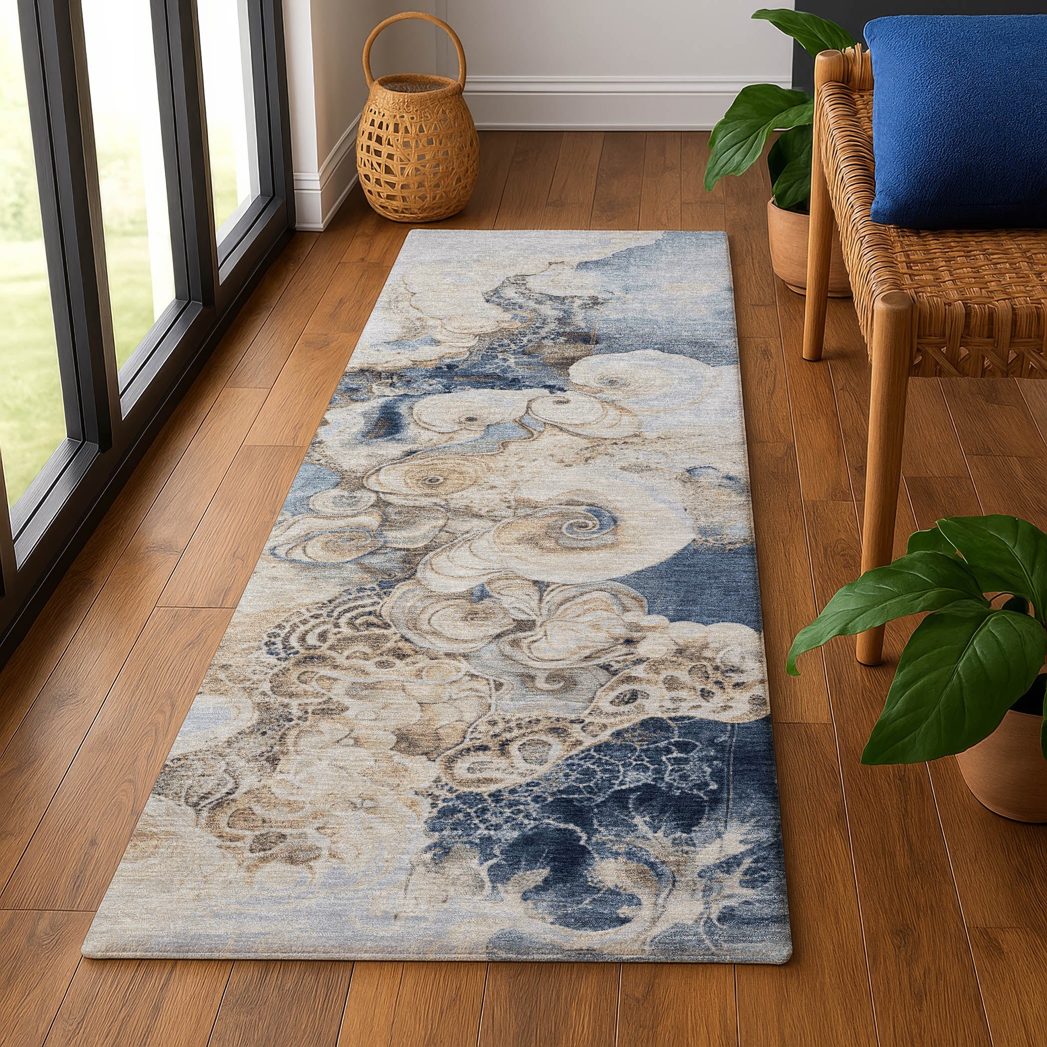 Valletta Machine Washable Transitional Denim Blue Rug 2'3" x 7'6" #shape_Runner