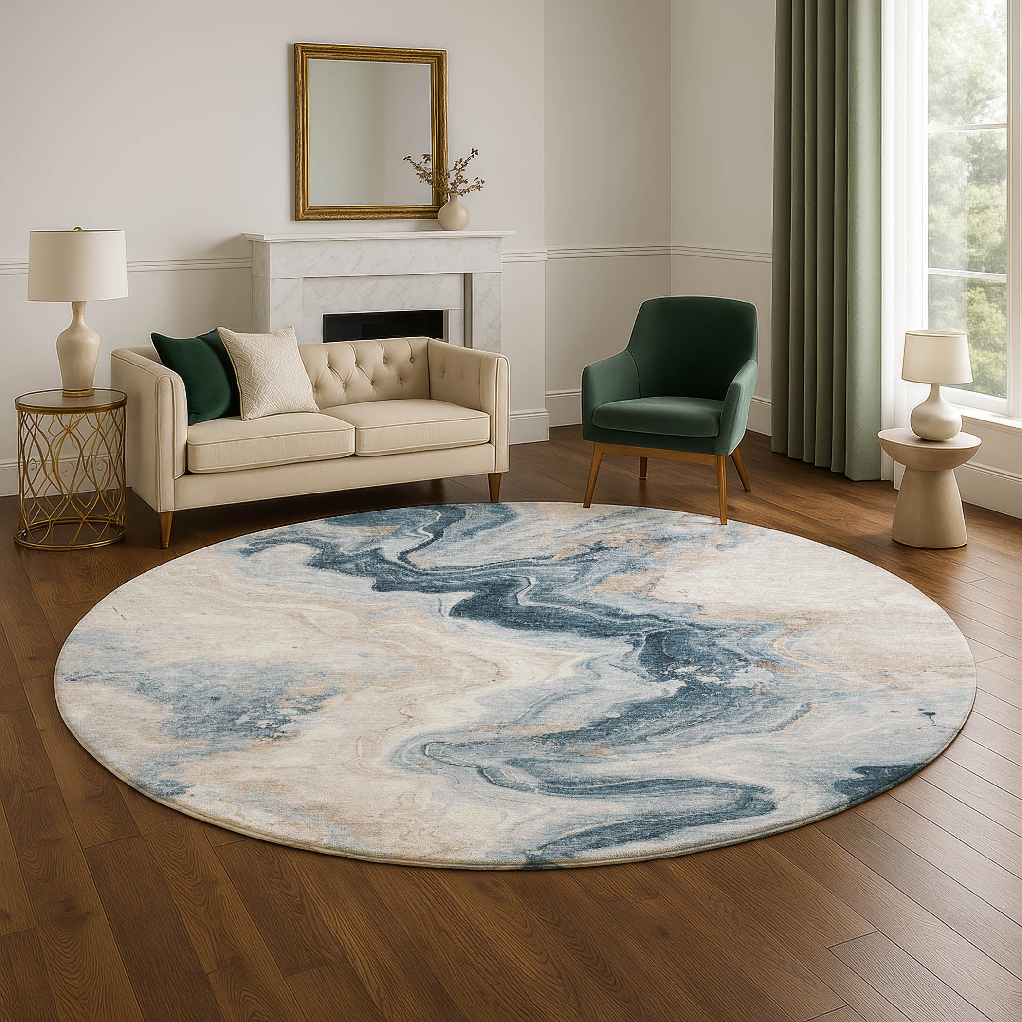 Athens Machine Washable Transitional Beige Brown Rug 8' x 8' #shape_Round