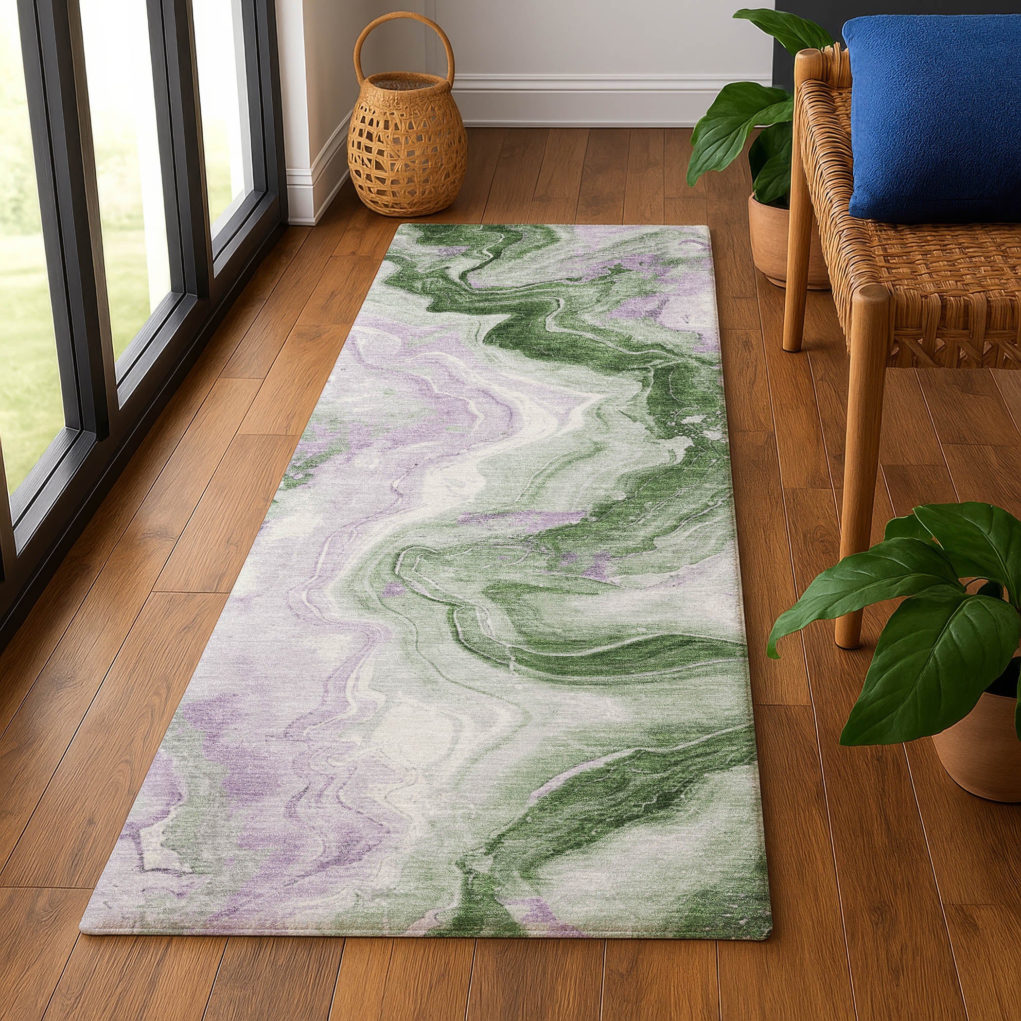 Athens Machine Washable Transitional Olive Green Rug 2'3" x 7'6" #shape_Runner