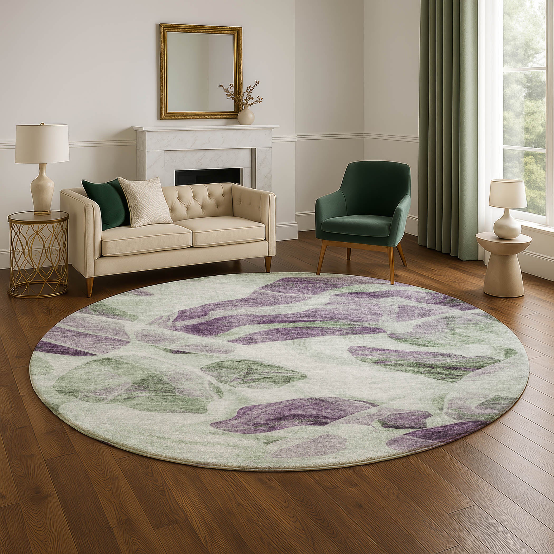 Cartagena Machine Washable Transitional Aloe Green Rug 8' x 8' #shape_Round