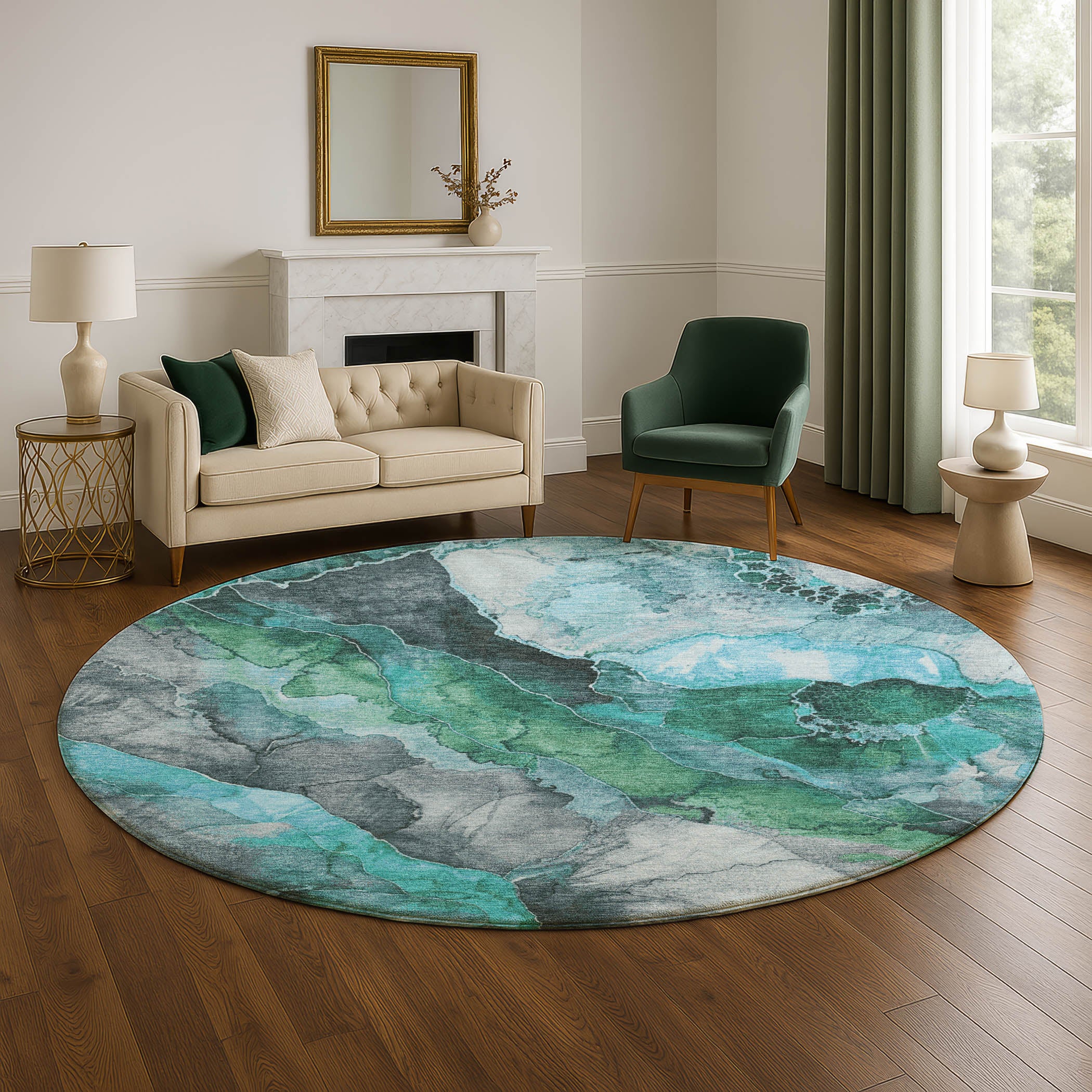 Baku Machine Washable Transitional Teal Rug 8' x 8' #shape_Round