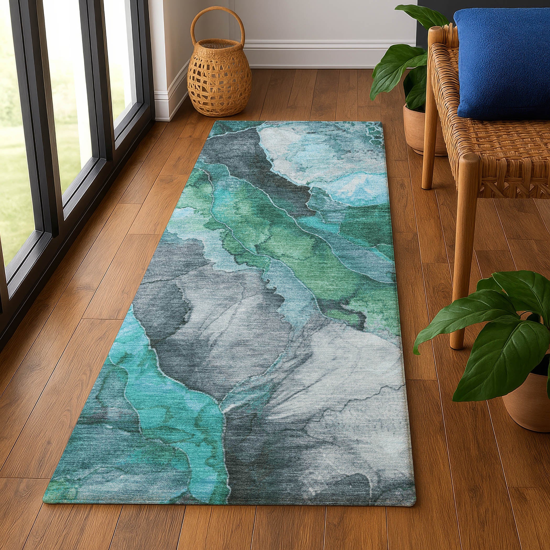 Baku Machine Washable Transitional Teal Rug 2'3" x 7'6" #shape_Runner