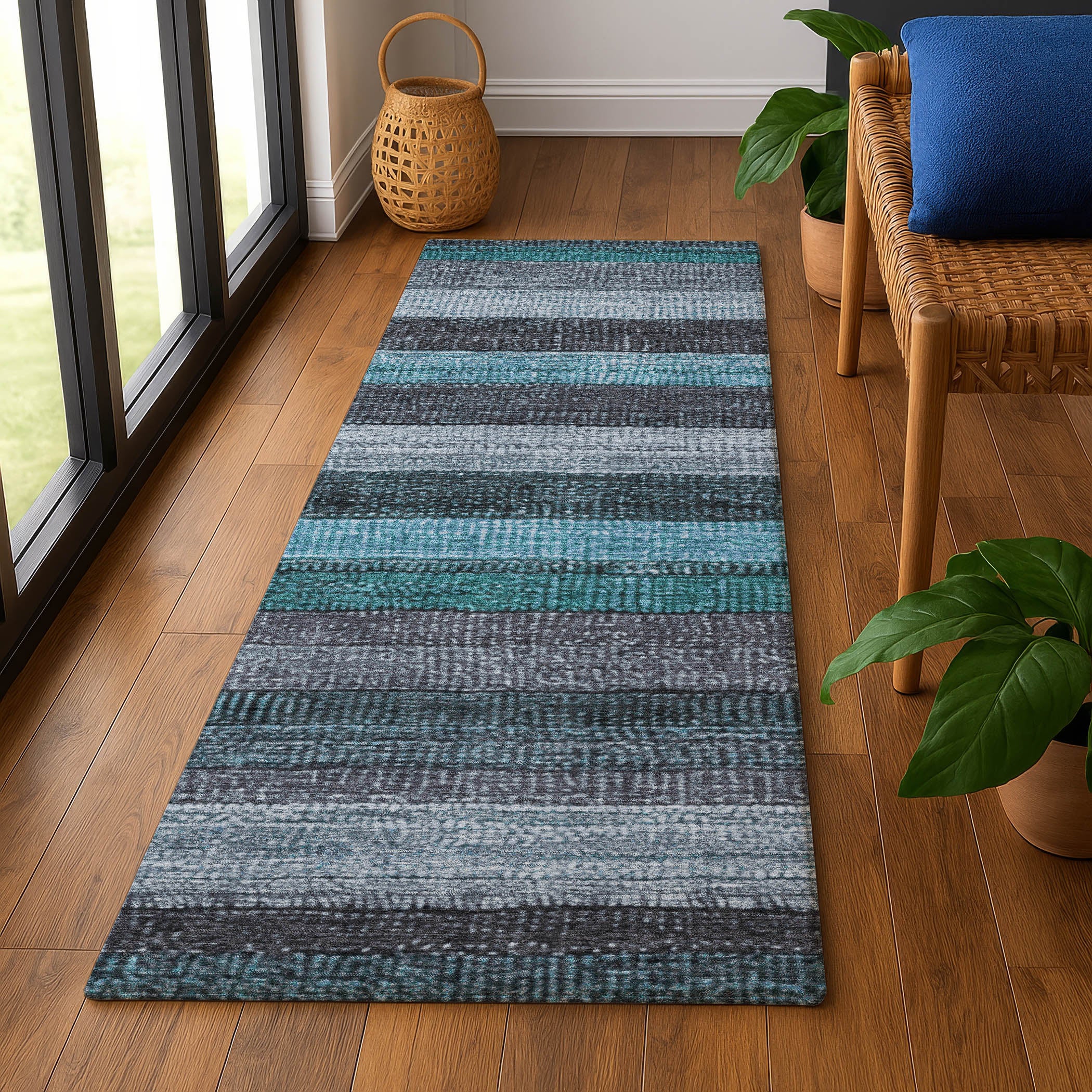 Santorini Machine Washable Transitional Teal Rug 2'3" x 7'6" #shape_Runner