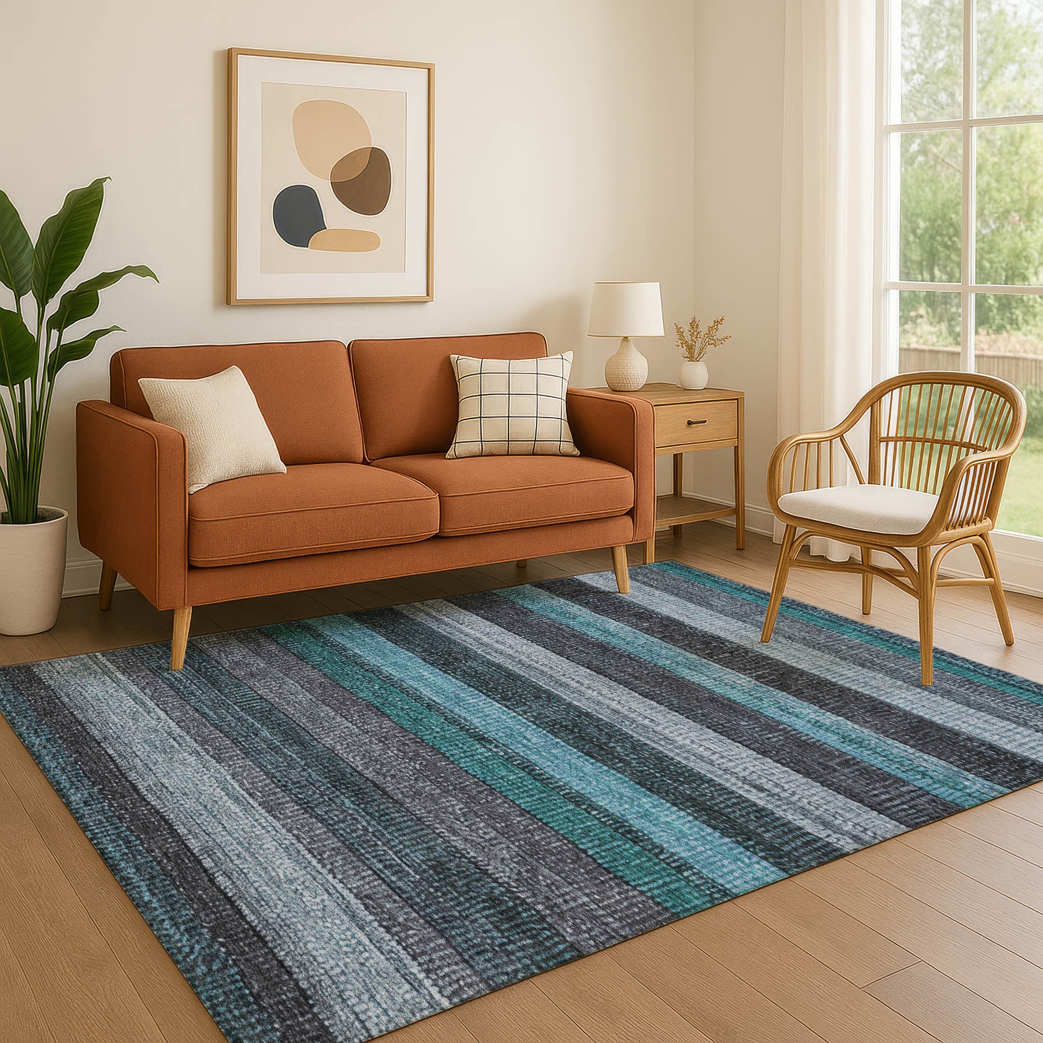 Santorini Machine Washable Transitional Teal Rug 2'6" x 3'10" #shape_Rectangle