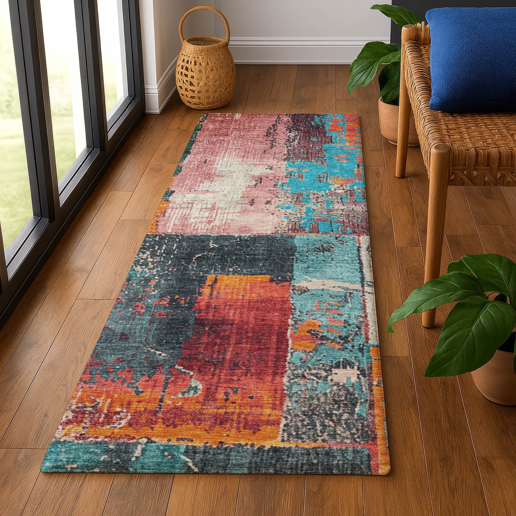 Reykjavik Machine Washable Transitional Teal Rug 2'3" x 7'6" #shape_Runner