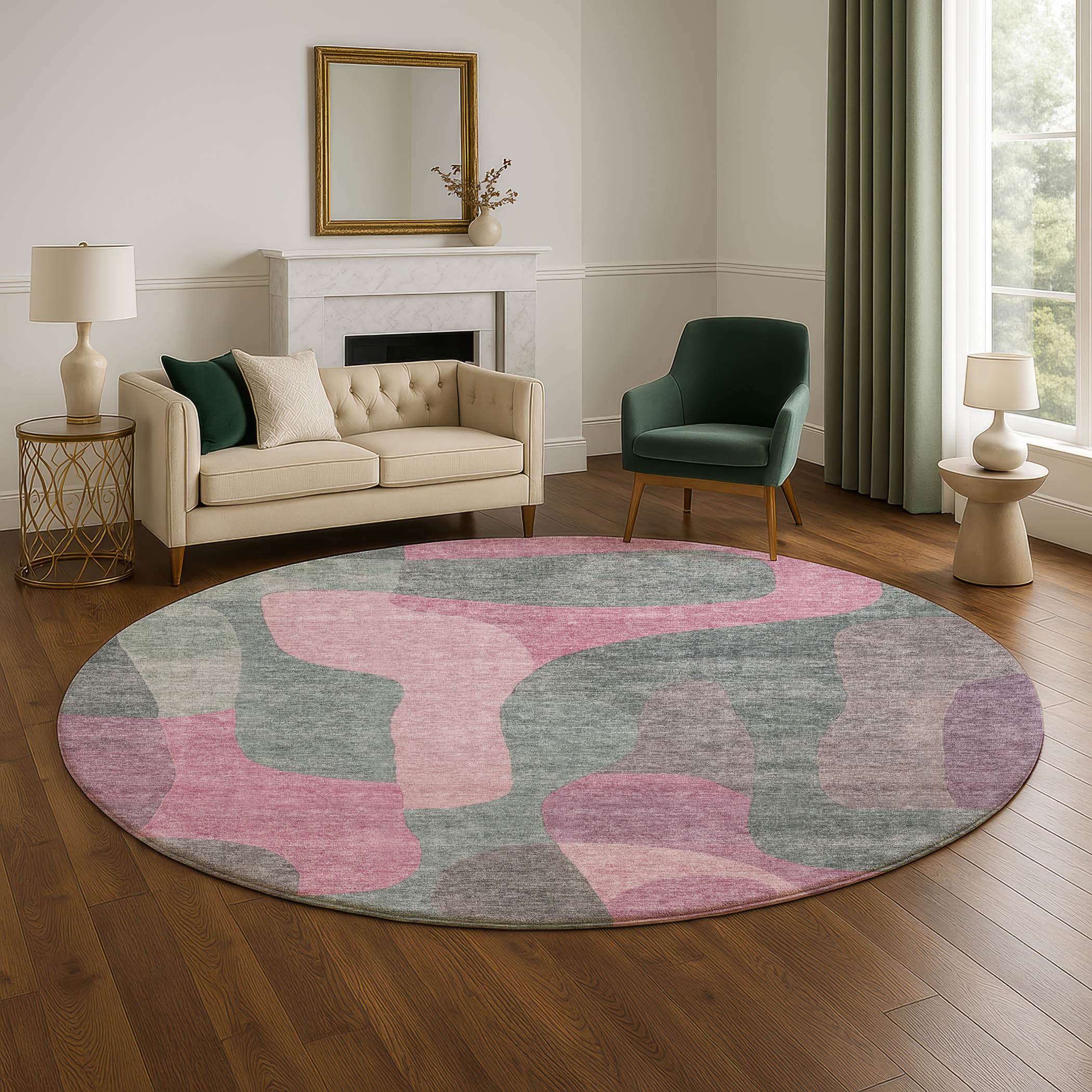Bangkok Machine Washable Transitional Blush Pink Rug 8' x 8' #shape_Round