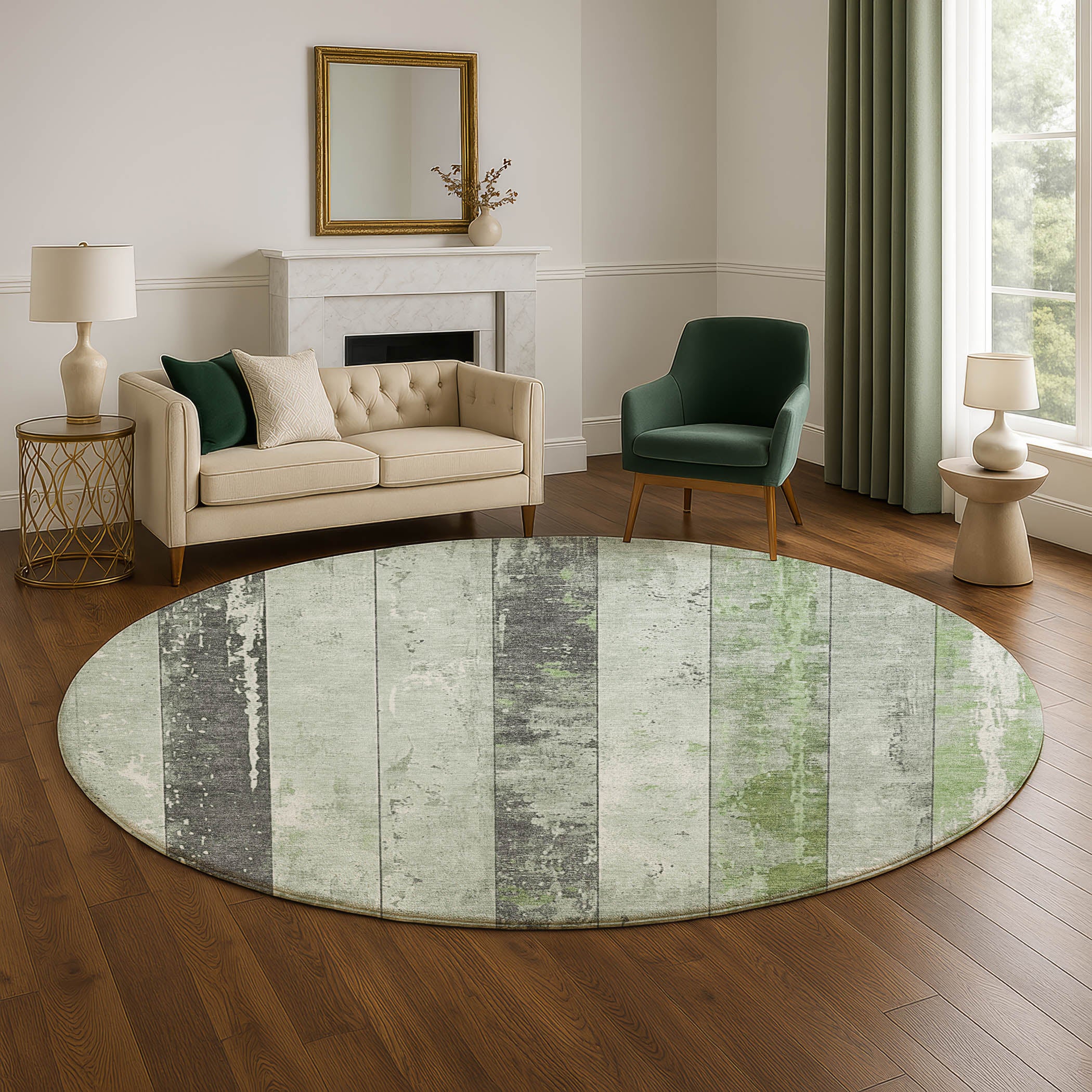 Chiang Mai Machine Washable Transitional Aloe Green Rug 8' x 8' #shape_Round
