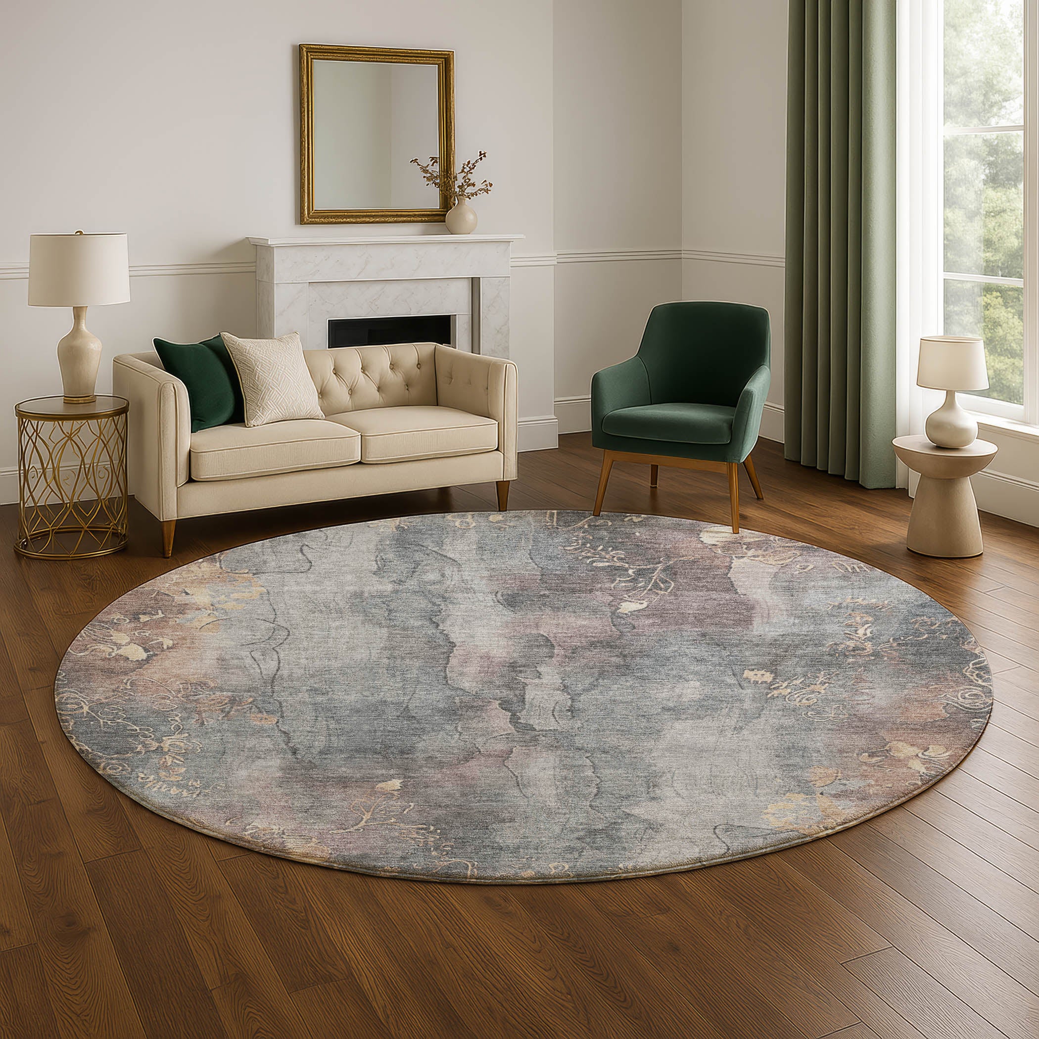 Lisbon Machine Washable Transitional Gray Rug 8' x 8' #shape_Round