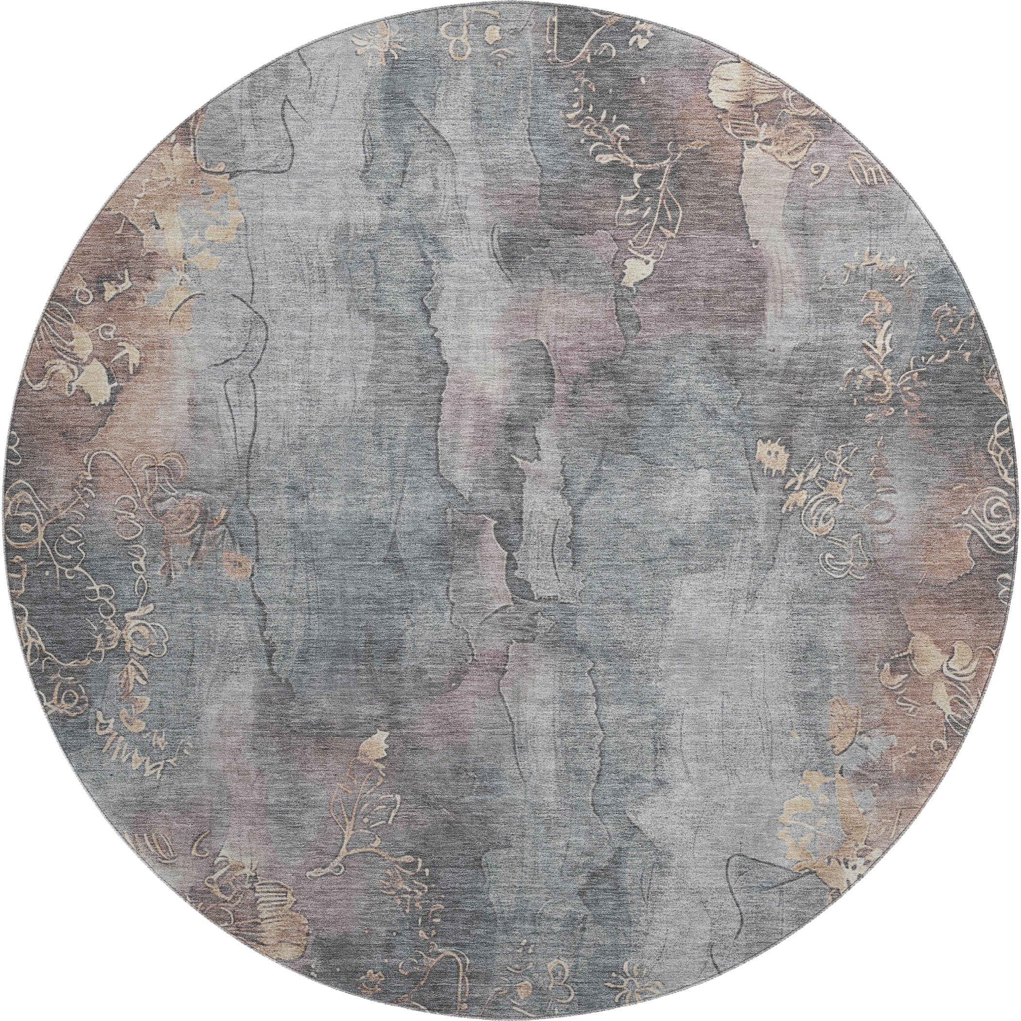 Lisbon Machine Washable Transitional Gray Rug 8' x 8' #shape_Round