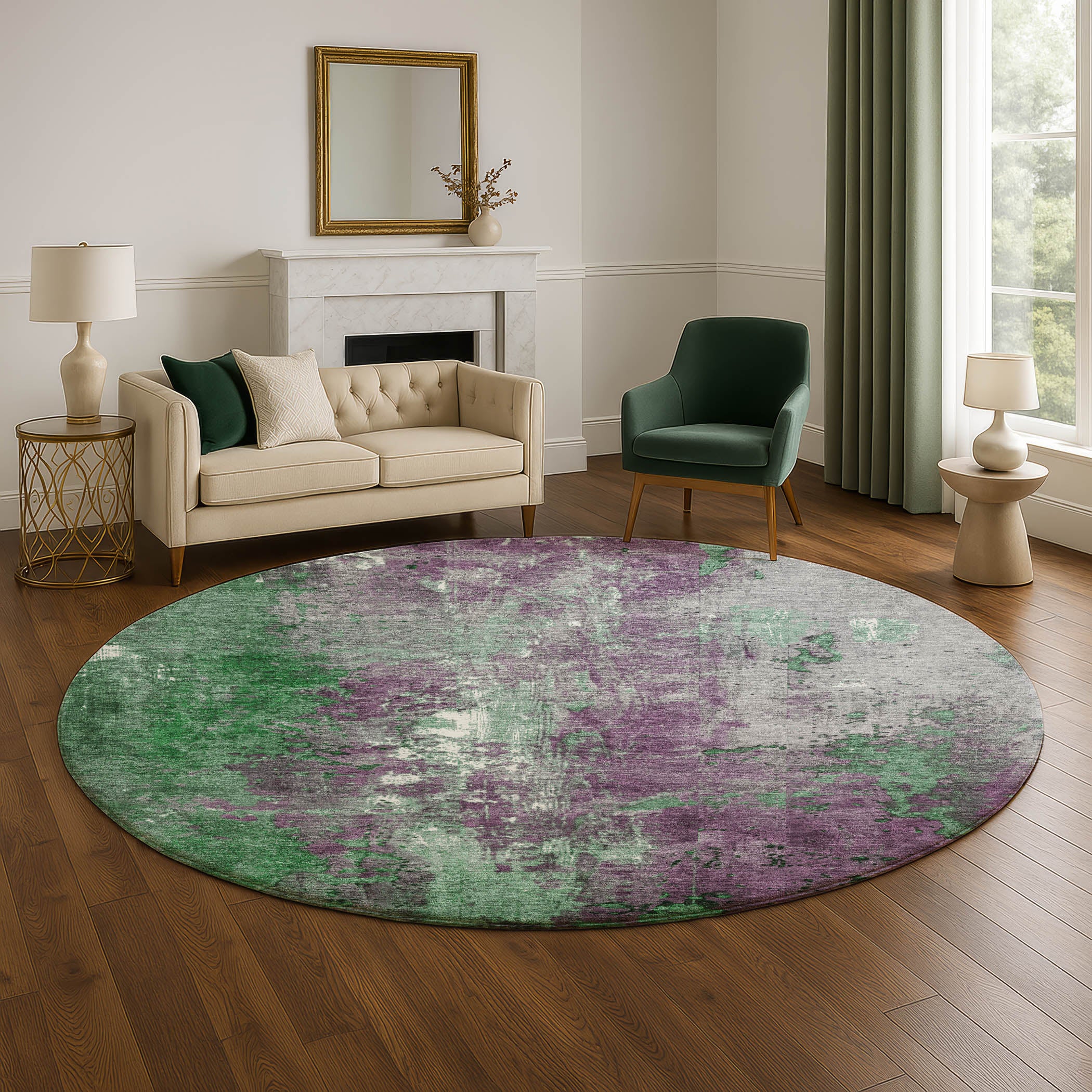 Mostar Machine Washable Transitional Emerald Green Rug 8' x 8' #shape_Round