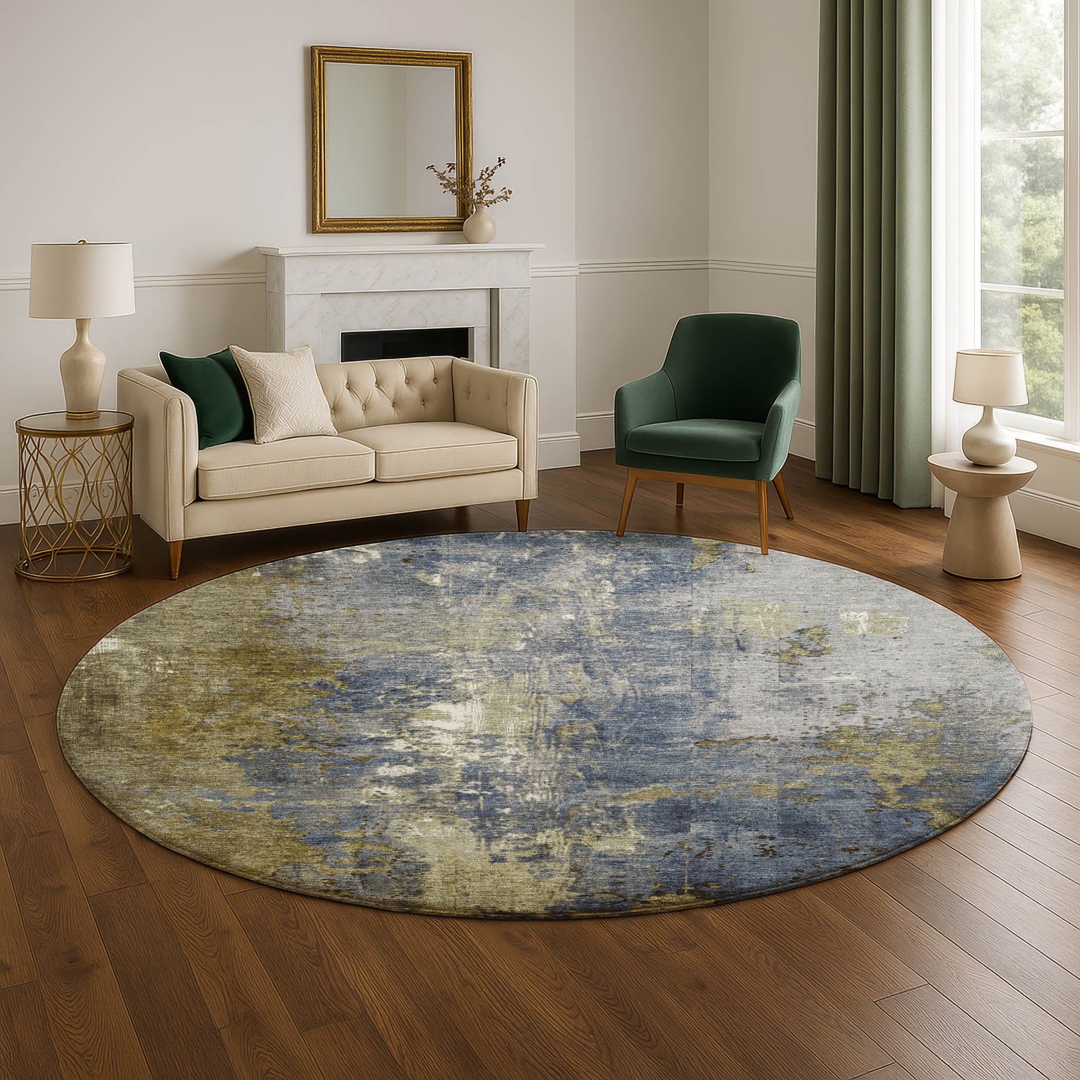Mostar Machine Washable Transitional Khaki Brown Rug 8' x 8' #shape_Round