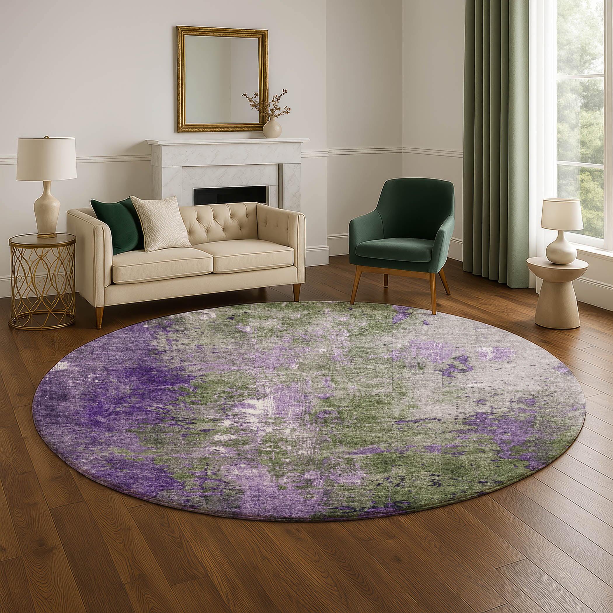 Mostar Machine Washable Transitional Olive Green Rug 8' x 8' #shape_Round