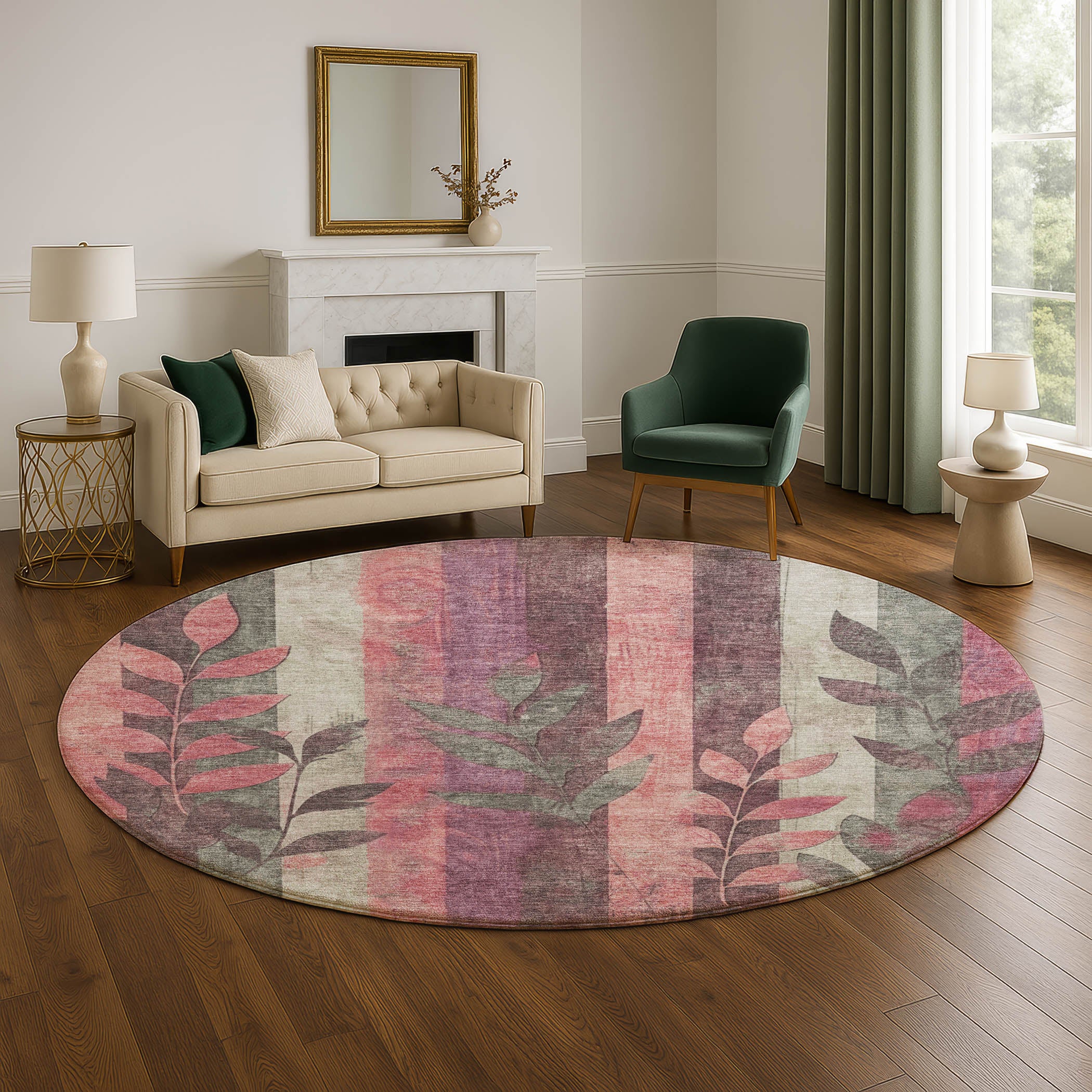Split Machine Washable Transitional Blush Pink Rug 8' x 8' #shape_Round