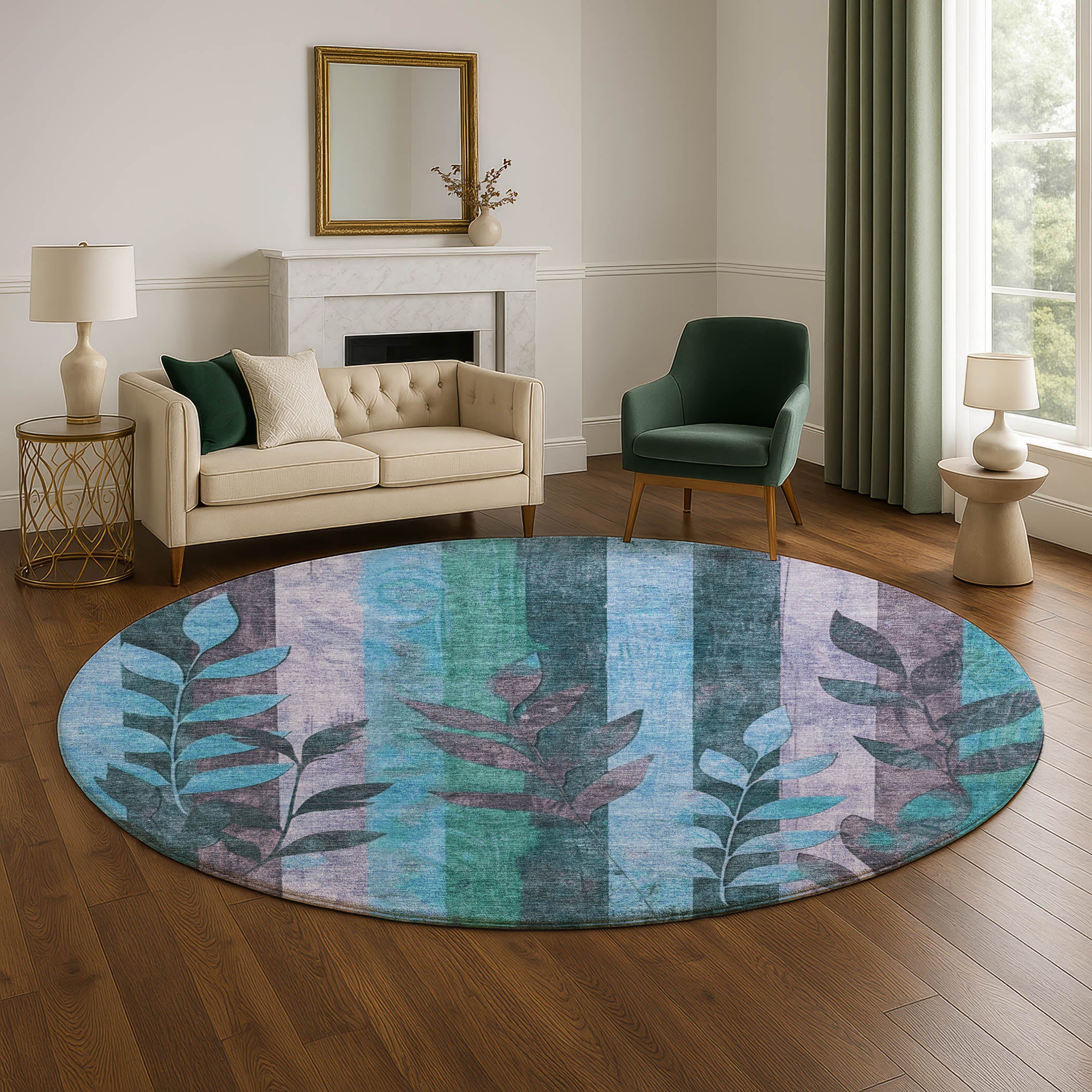 Split Machine Washable Transitional Denim Blue Rug 8' x 8' #shape_Round