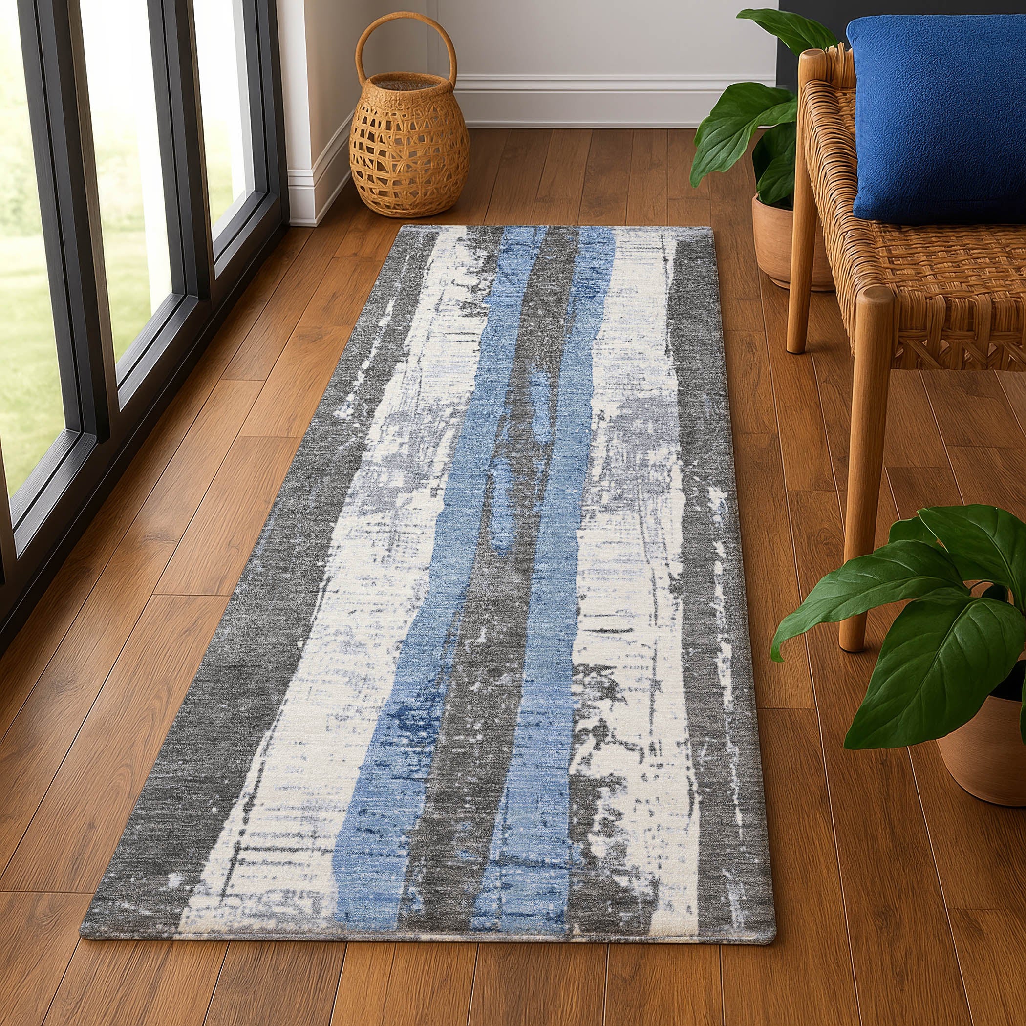 Florence Machine Washable Transitional Denim Blue Rug 2'3" x 7'6" #shape_Runner