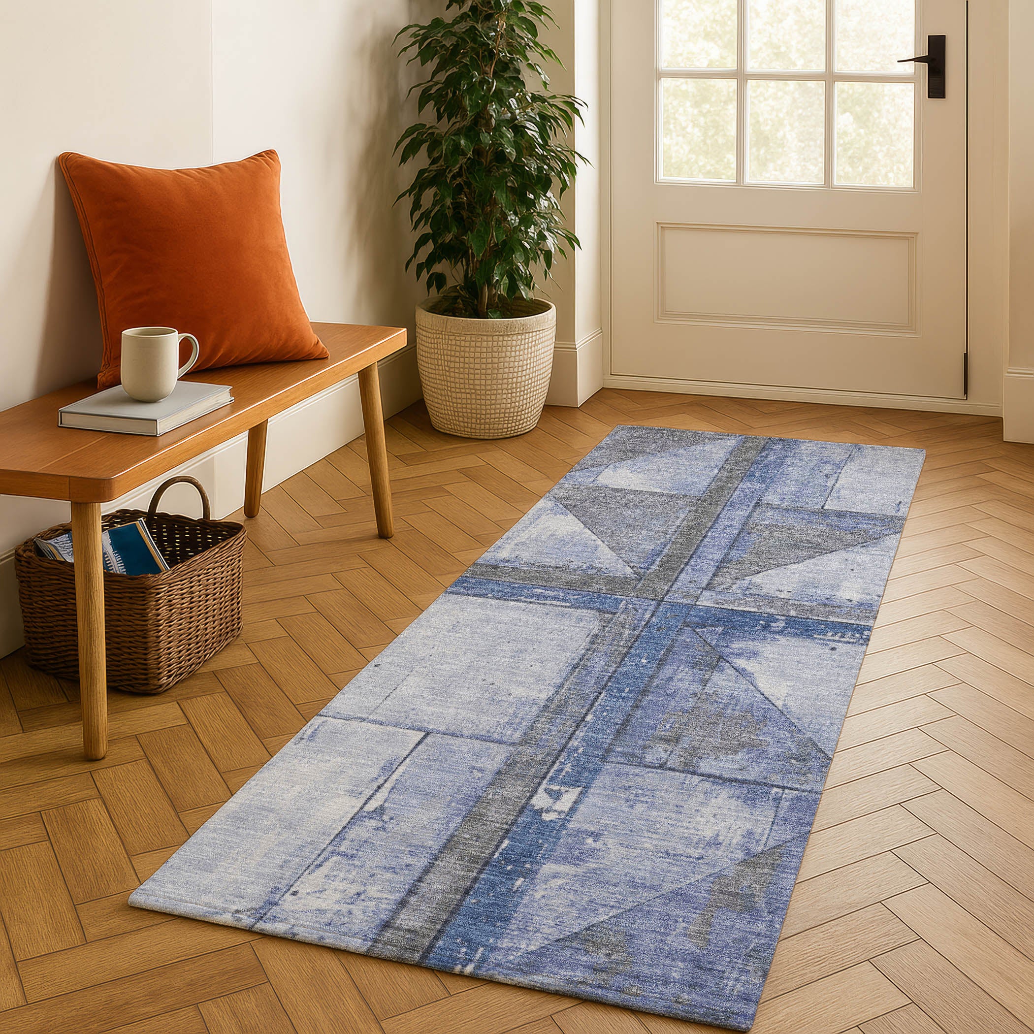 Rome Machine Washable Transitional Denim Blue Rug 2'3" x 7'6" #shape_Runner