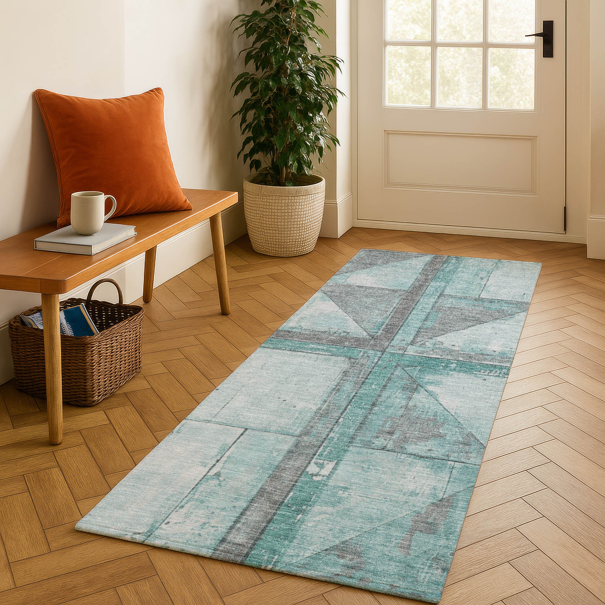 Rome Machine Washable Transitional Teal Rug 2'3" x 7'6" #shape_Runner