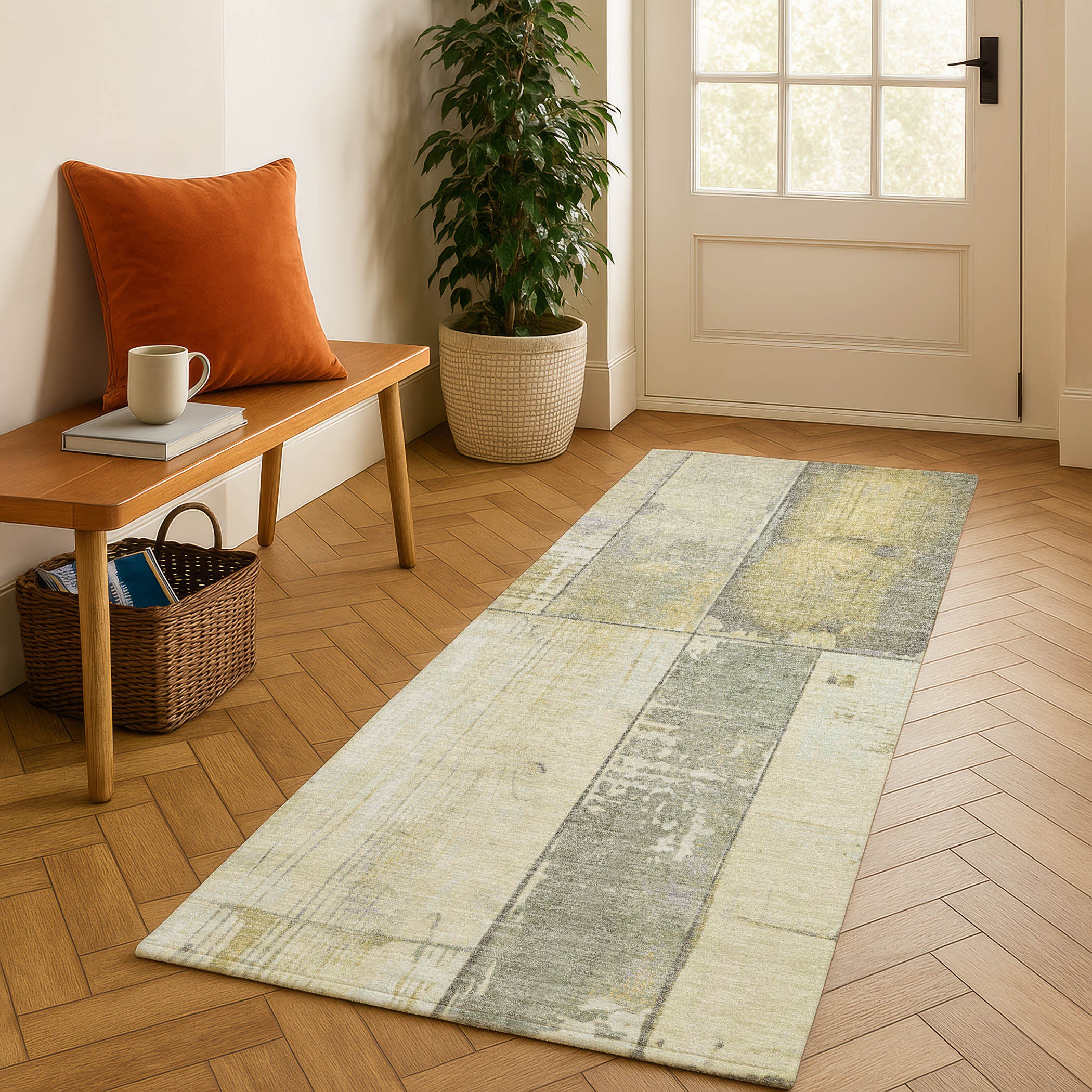 Santorini Machine Washable Transitional Gold Rug 2'3" x 7'6" #shape_Runner