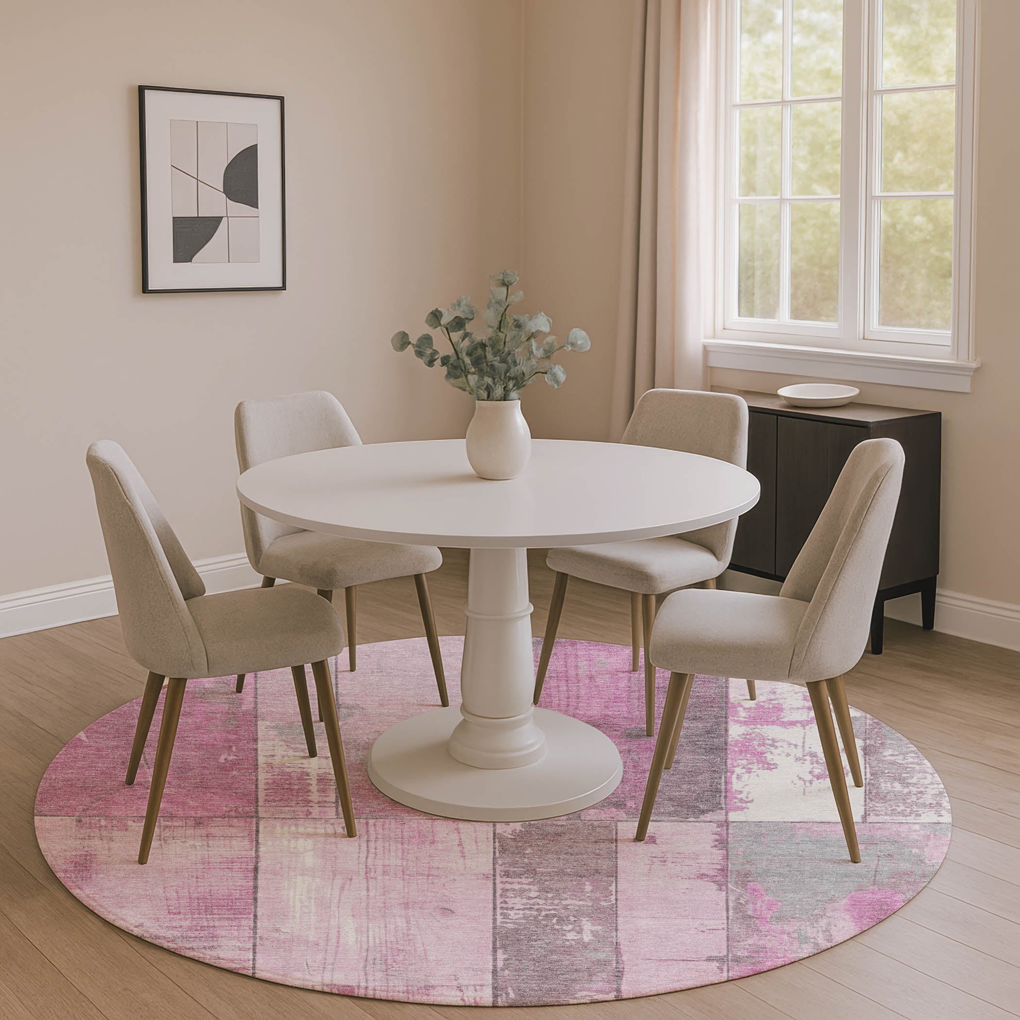 Santorini Machine Washable Transitional Pink Rug 8' x 8' #shape_Round
