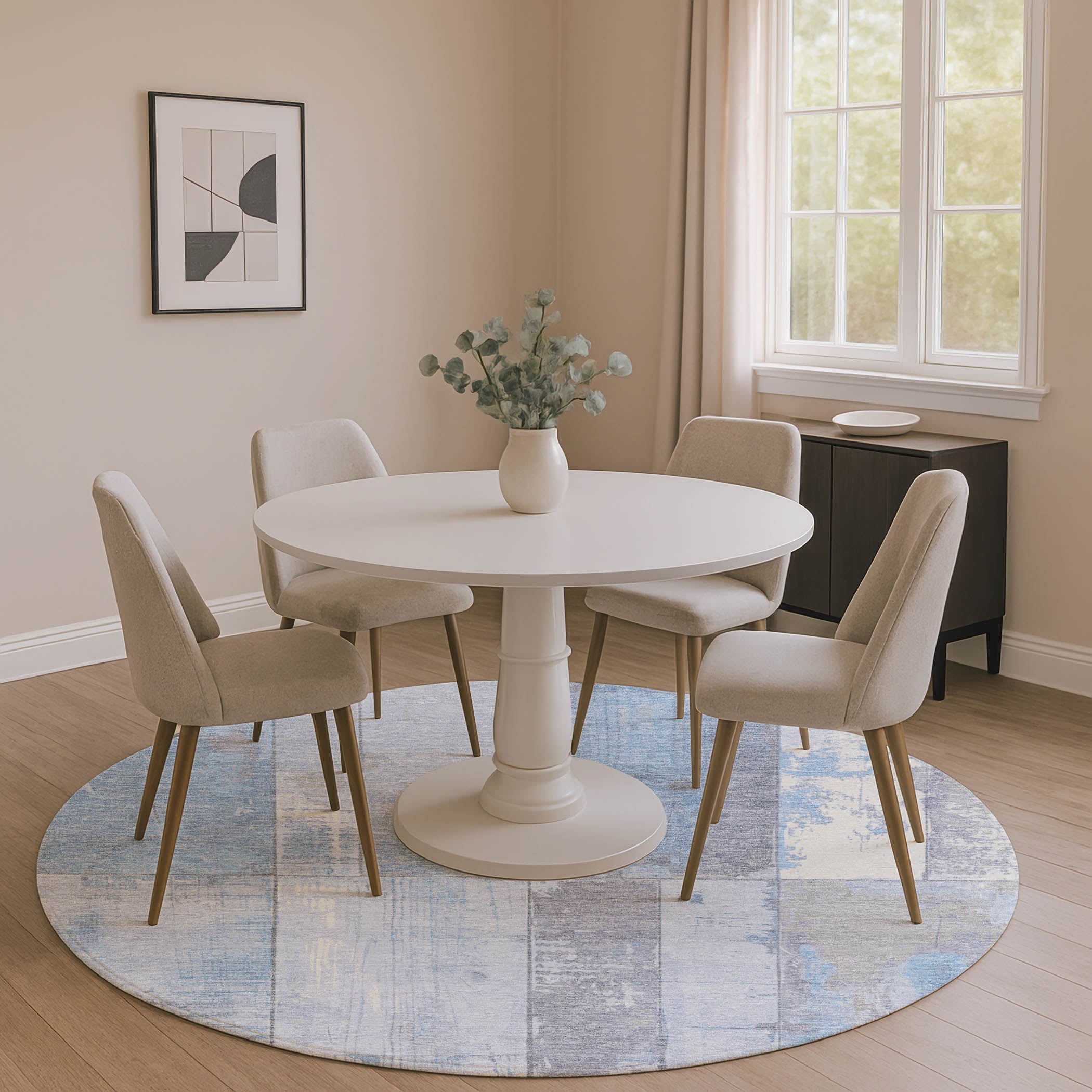 Santorini Machine Washable Transitional Sky Blue Rug 8' x 8' #shape_Round