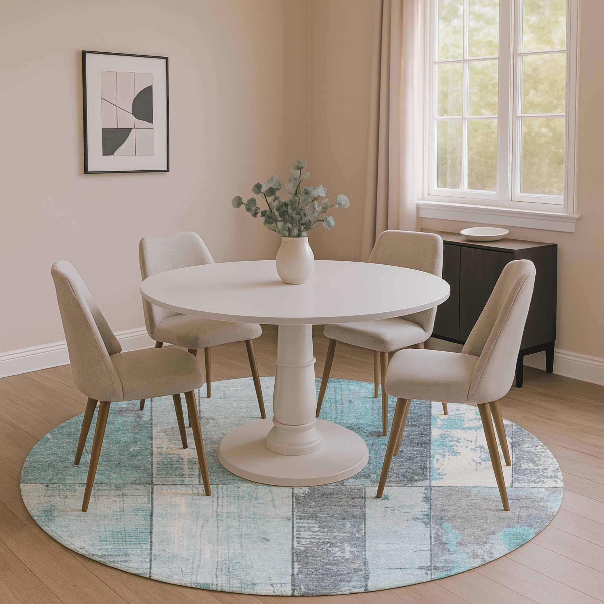 Santorini Machine Washable Transitional Teal Rug 8' x 8' #shape_Round