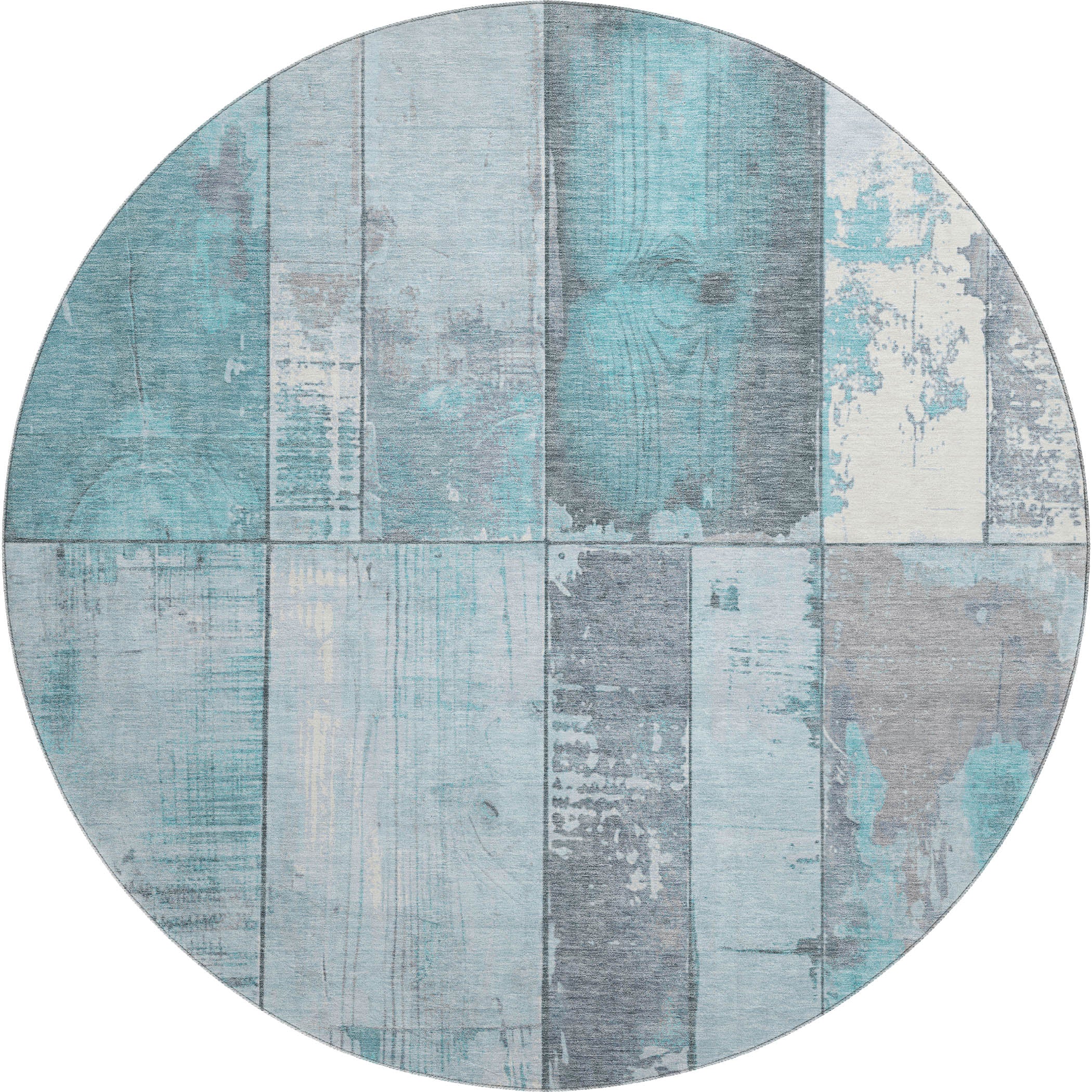 Santorini Machine Washable Transitional Teal Rug 8' x 8' #shape_Round