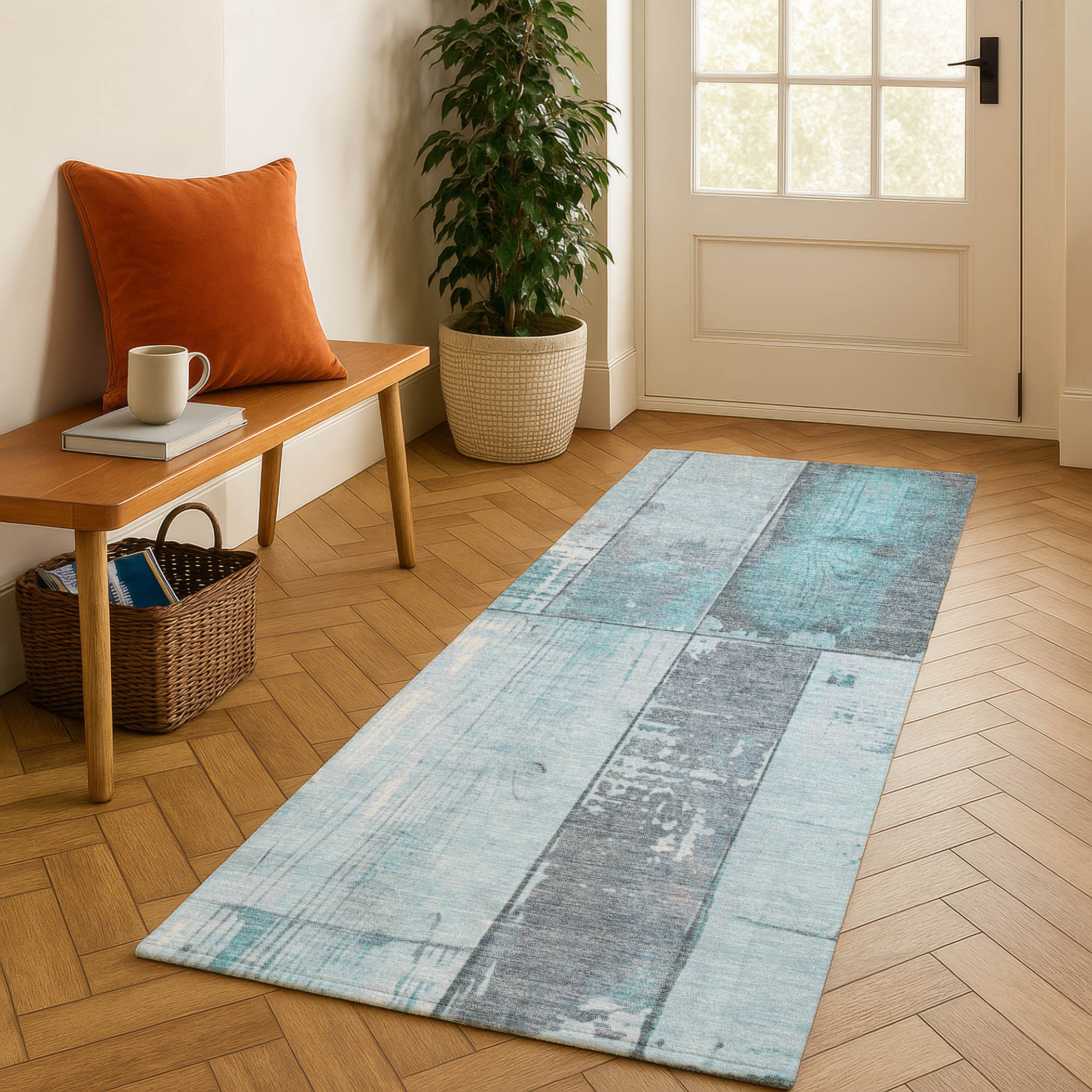Santorini Machine Washable Transitional Teal Rug 2'3" x 7'6" #shape_Runner