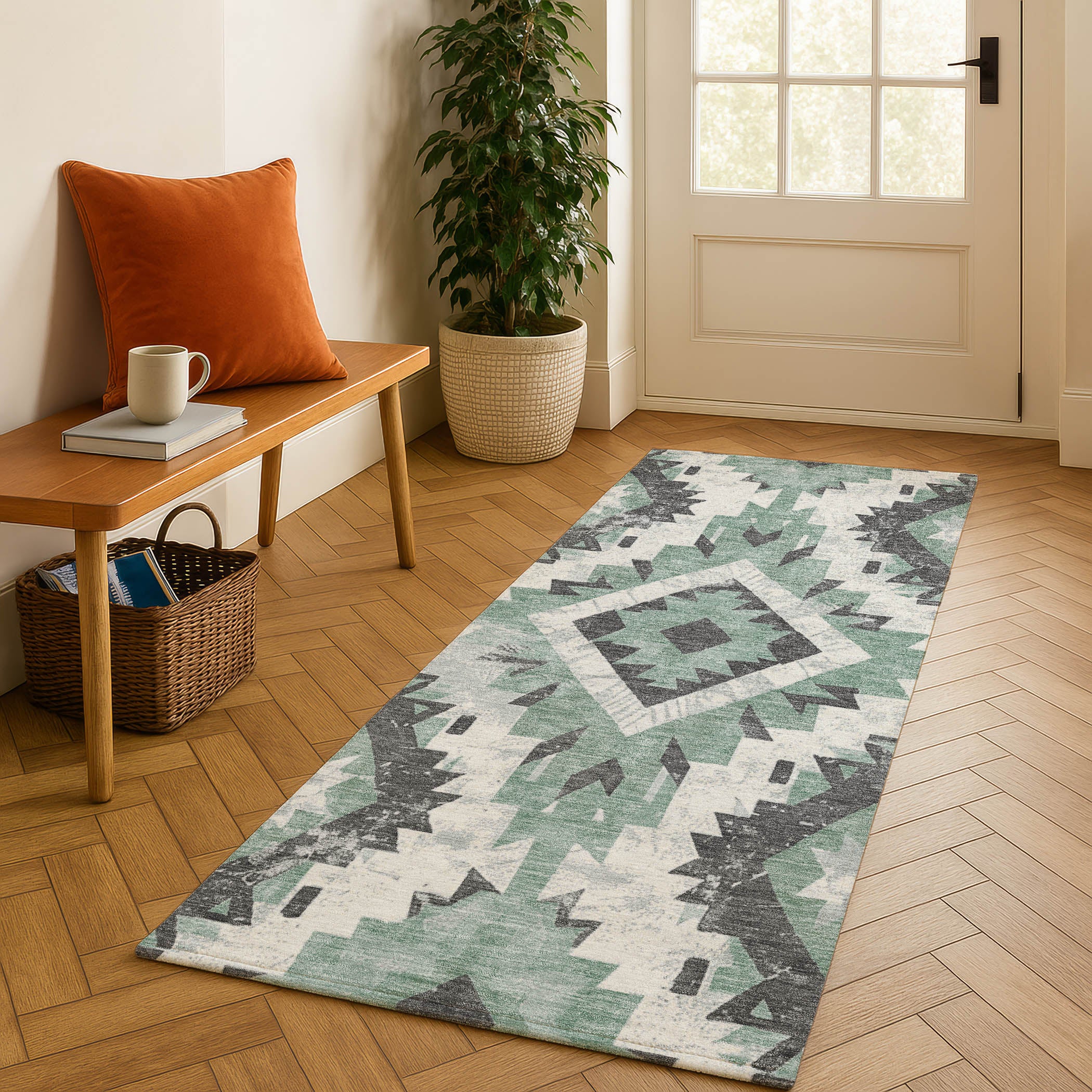 Reykjavik Machine Washable Transitional Seafoam Blue Rug 2'3" x 7'6" #shape_Runner