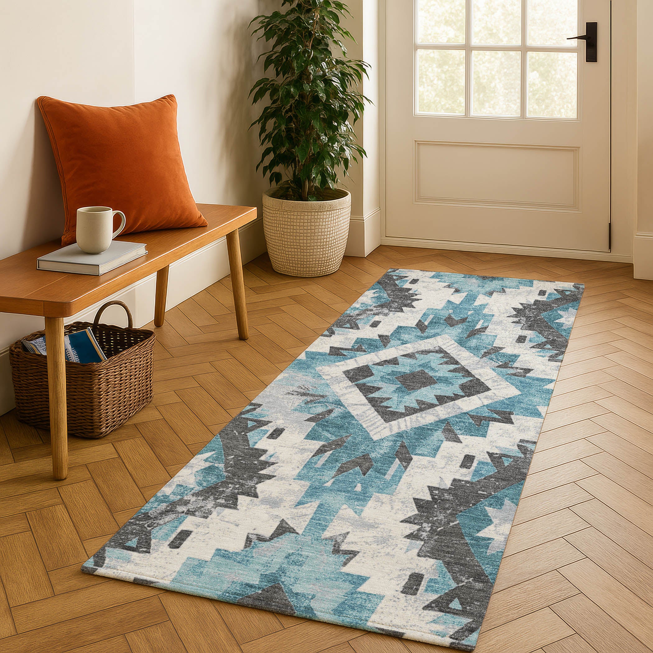 Reykjavik Machine Washable Transitional Teal Rug 2'3" x 7'6" #shape_Runner