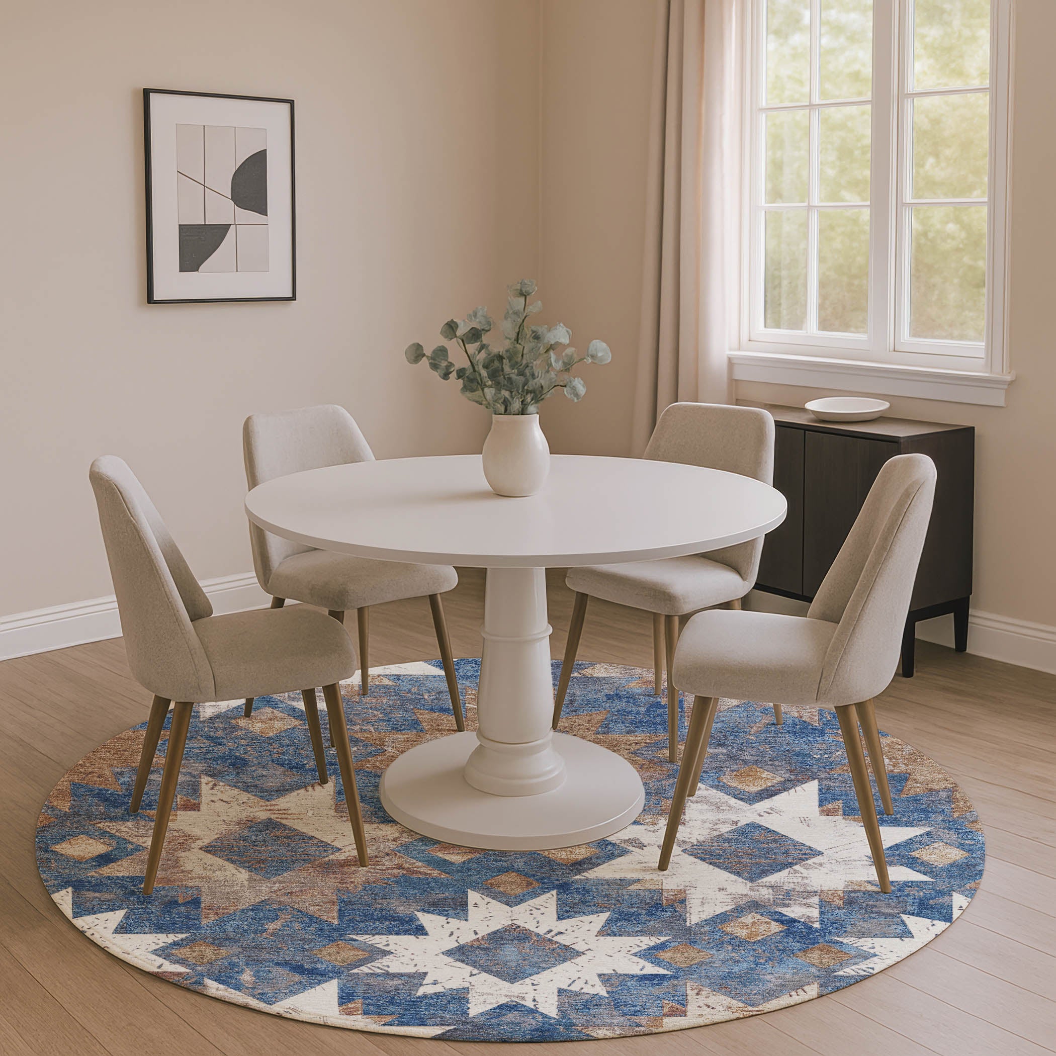 Valletta Machine Washable Transitional Blue Rug 8' x 8' #shape_Round
