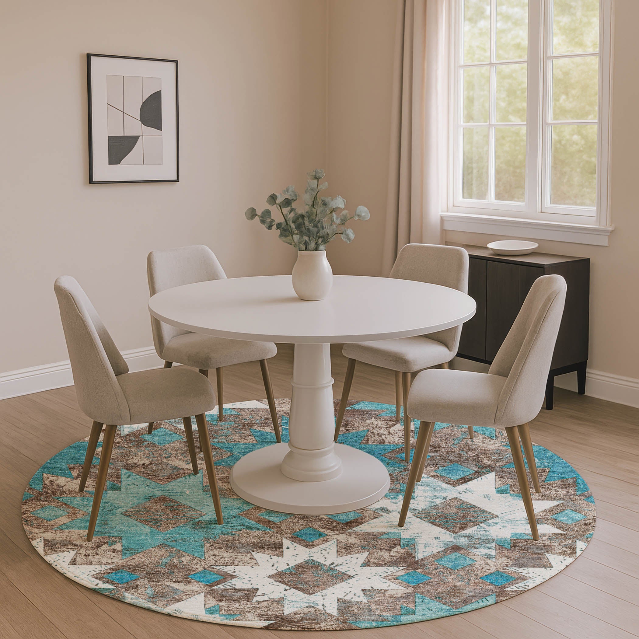 Valletta Machine Washable Transitional Teal Rug 8' x 8' #shape_Round