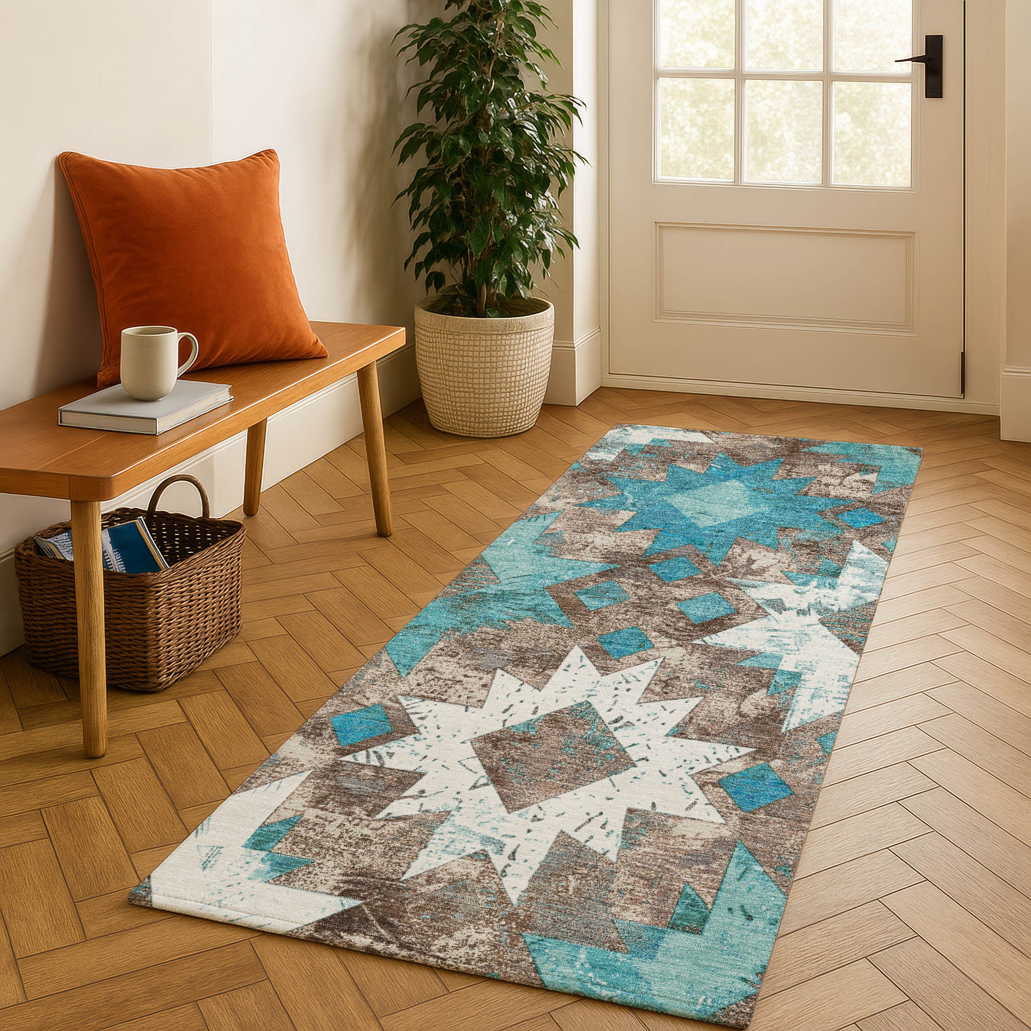 Valletta Machine Washable Transitional Teal Rug 2'3" x 7'6" #shape_Runner