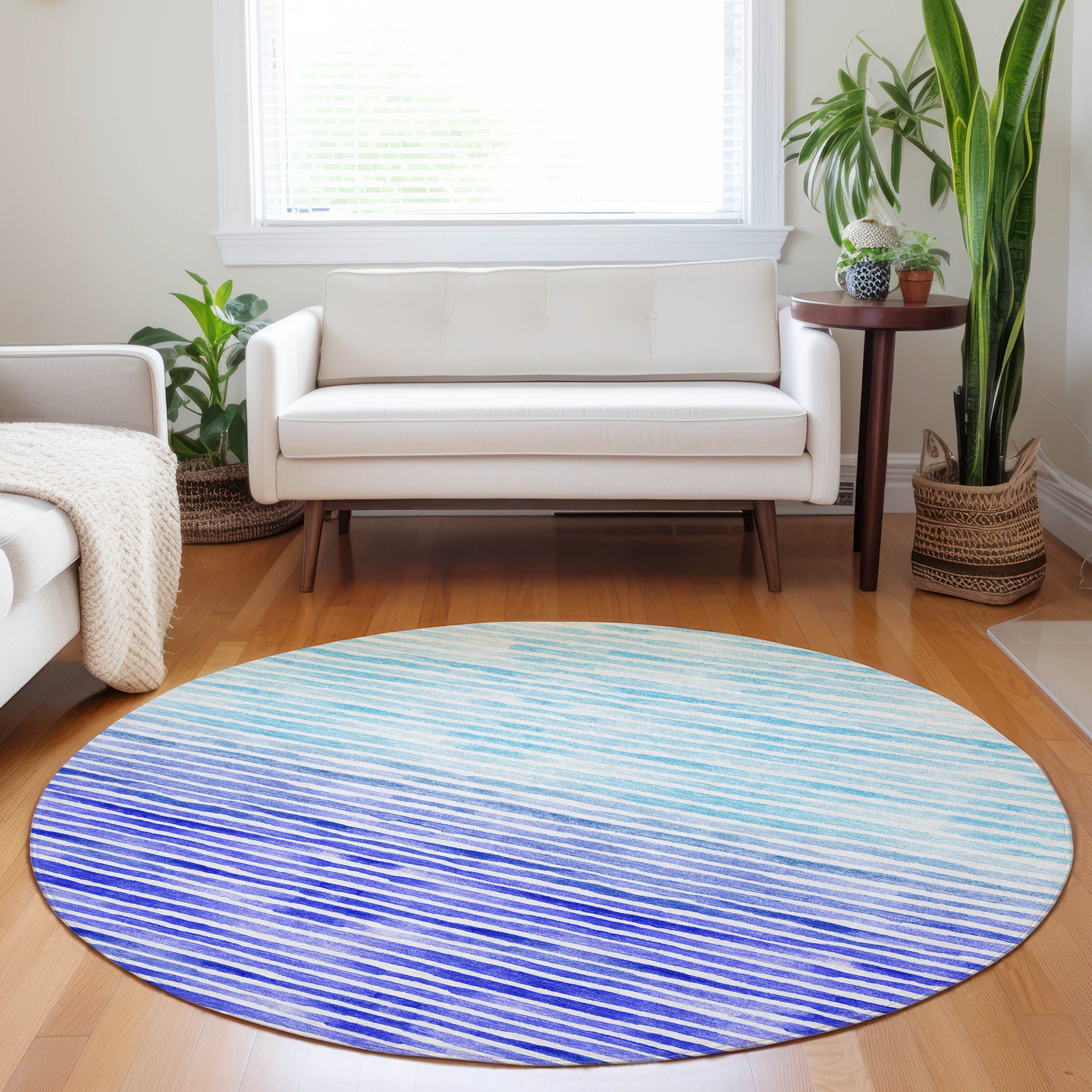 Sarajevo Machine Washable Coastal Blue Rug 8' x 8' #shape_Round