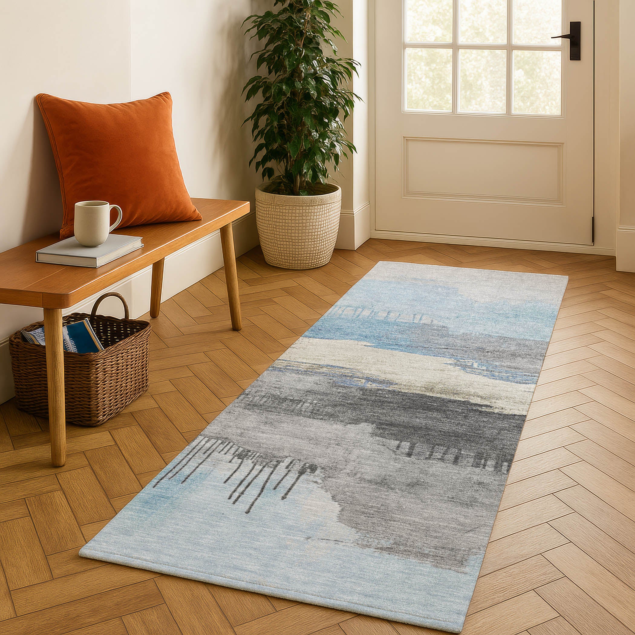 Salzburg Machine Washable Transitional Sky Blue Rug 2'3" x 7'6" #shape_Runner