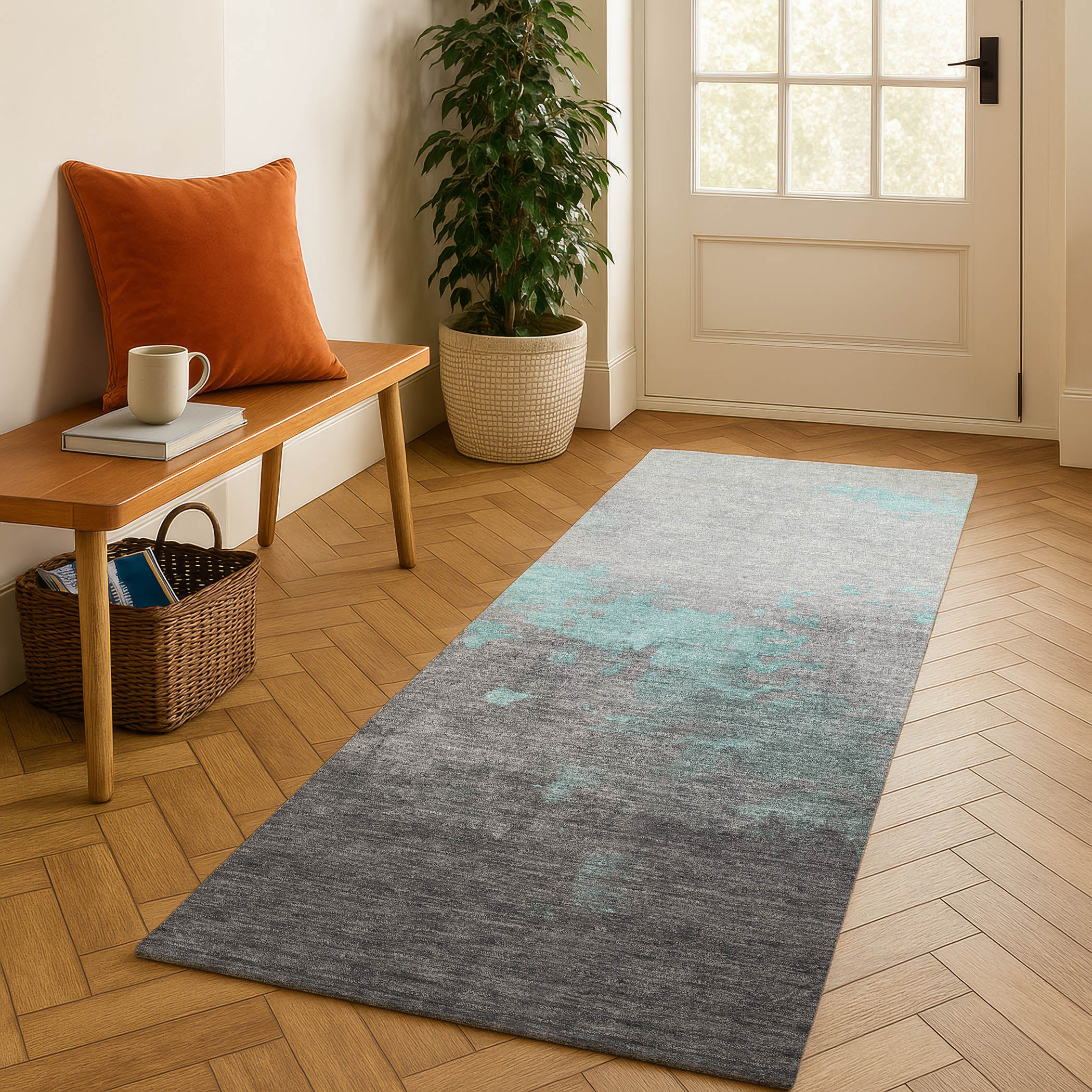 Cartagena Machine Washable Transitional Teal Rug 2'3" x 7'6" #shape_Runner
