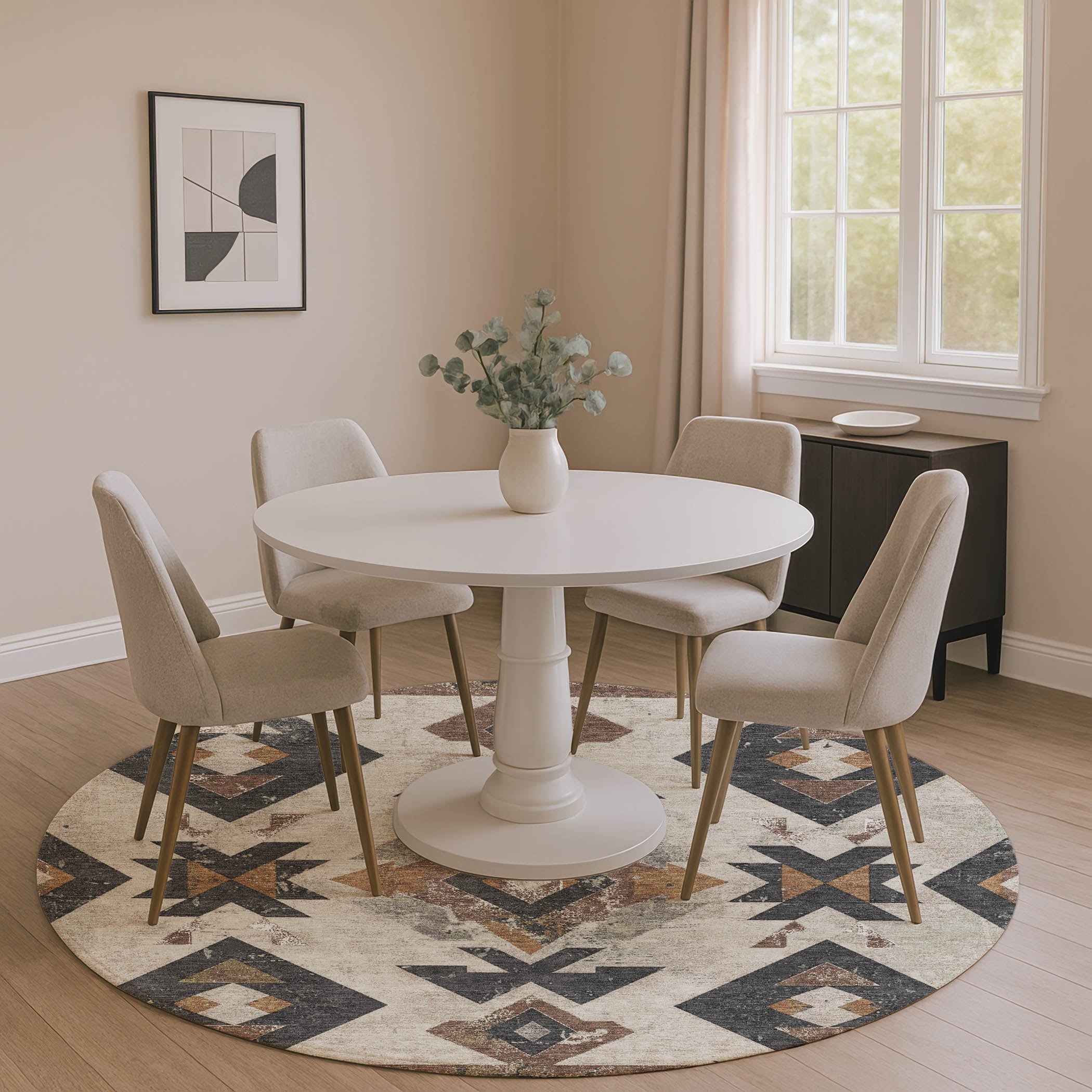Mostar Machine Washable Transitional Beige Brown Rug 8' x 8' #shape_Round