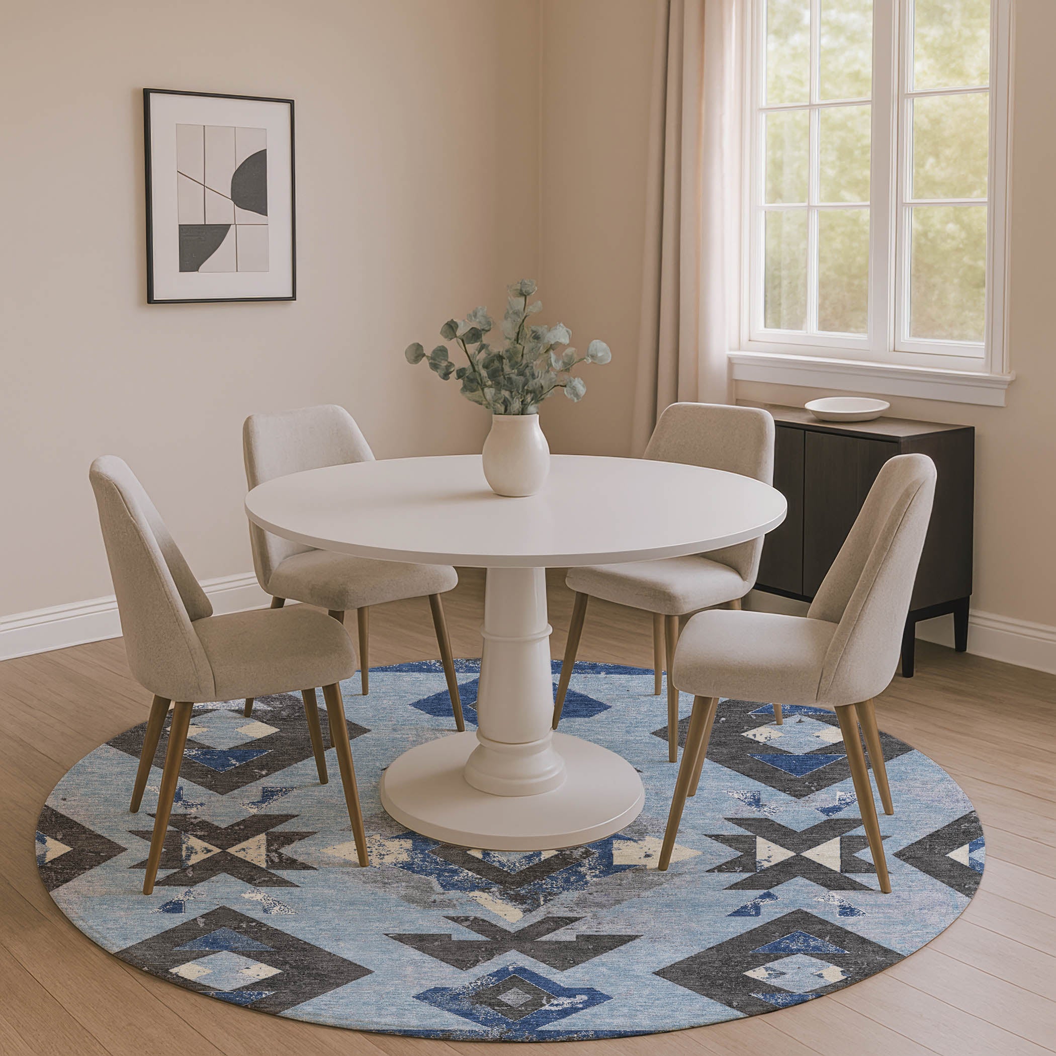 Mostar Machine Washable Transitional Blue Rug 8' x 8' #shape_Round