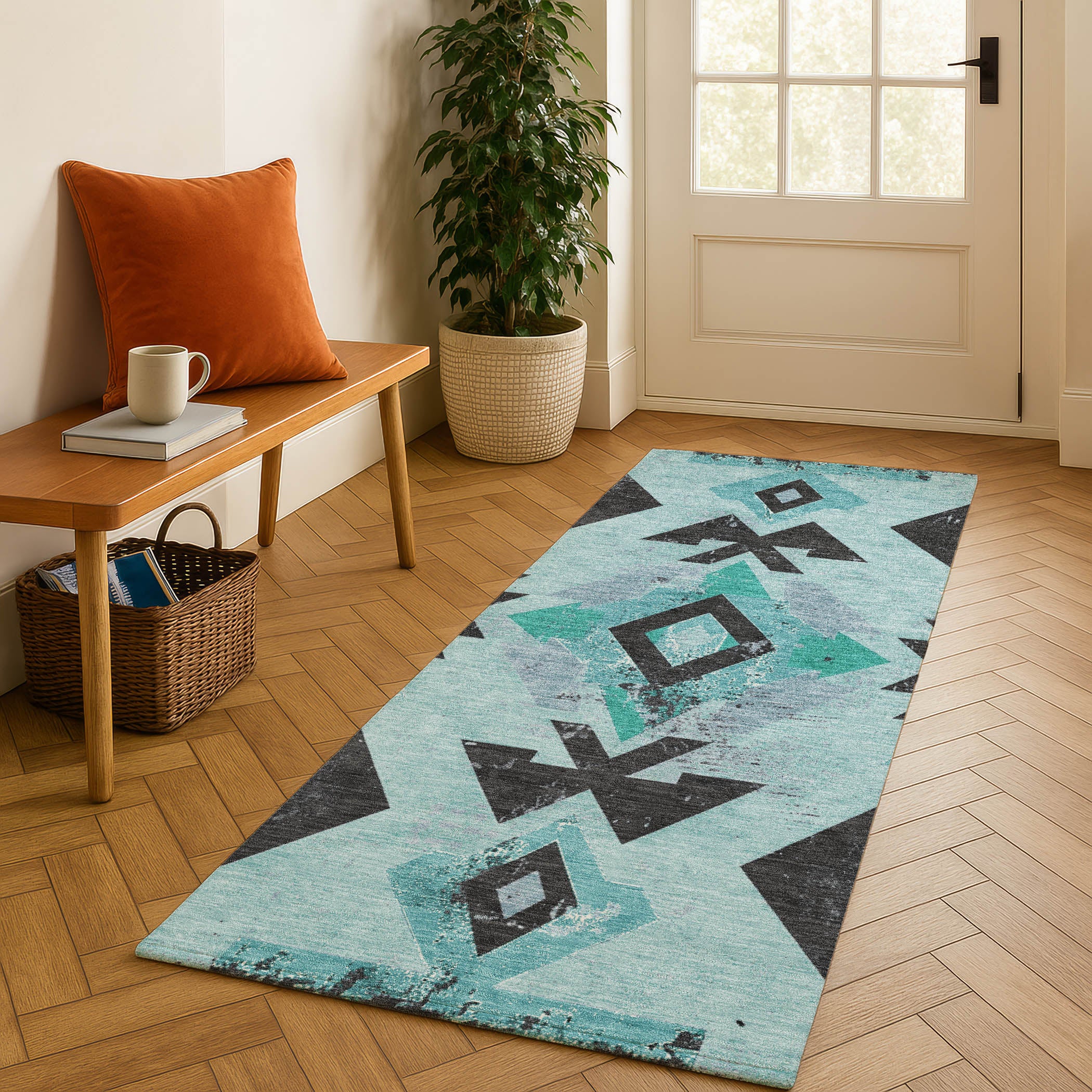 Mostar Machine Washable Transitional Teal Rug 2'3" x 7'6" #shape_Runner