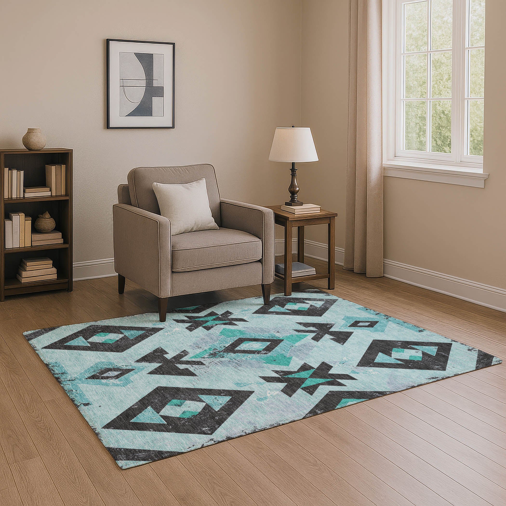 Mostar Machine Washable Transitional Teal Rug 2'6" x 3'10" #shape_Rectangle