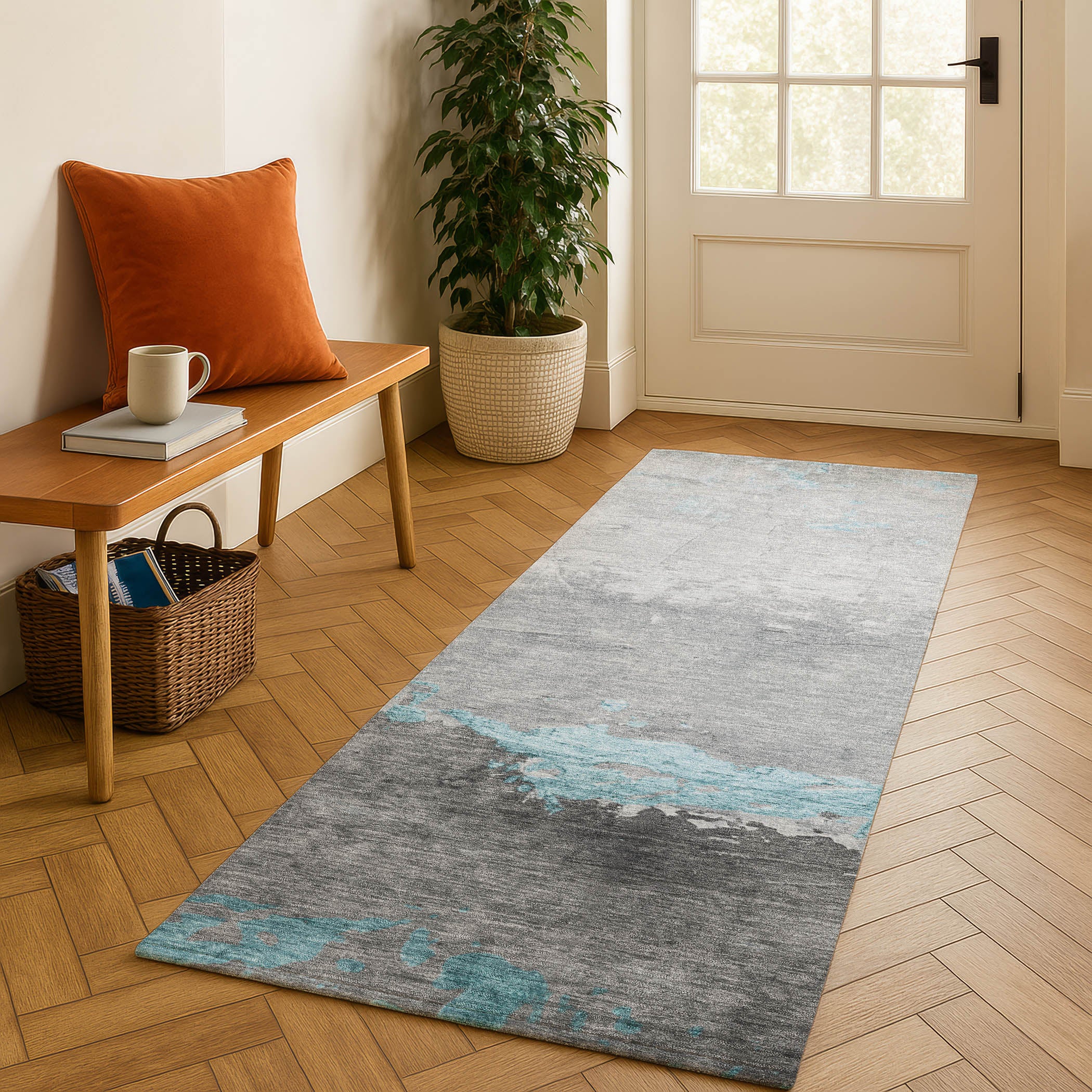 Zanzibar Machine Washable Transitional Teal Rug 2'3" x 7'6" #shape_Runner