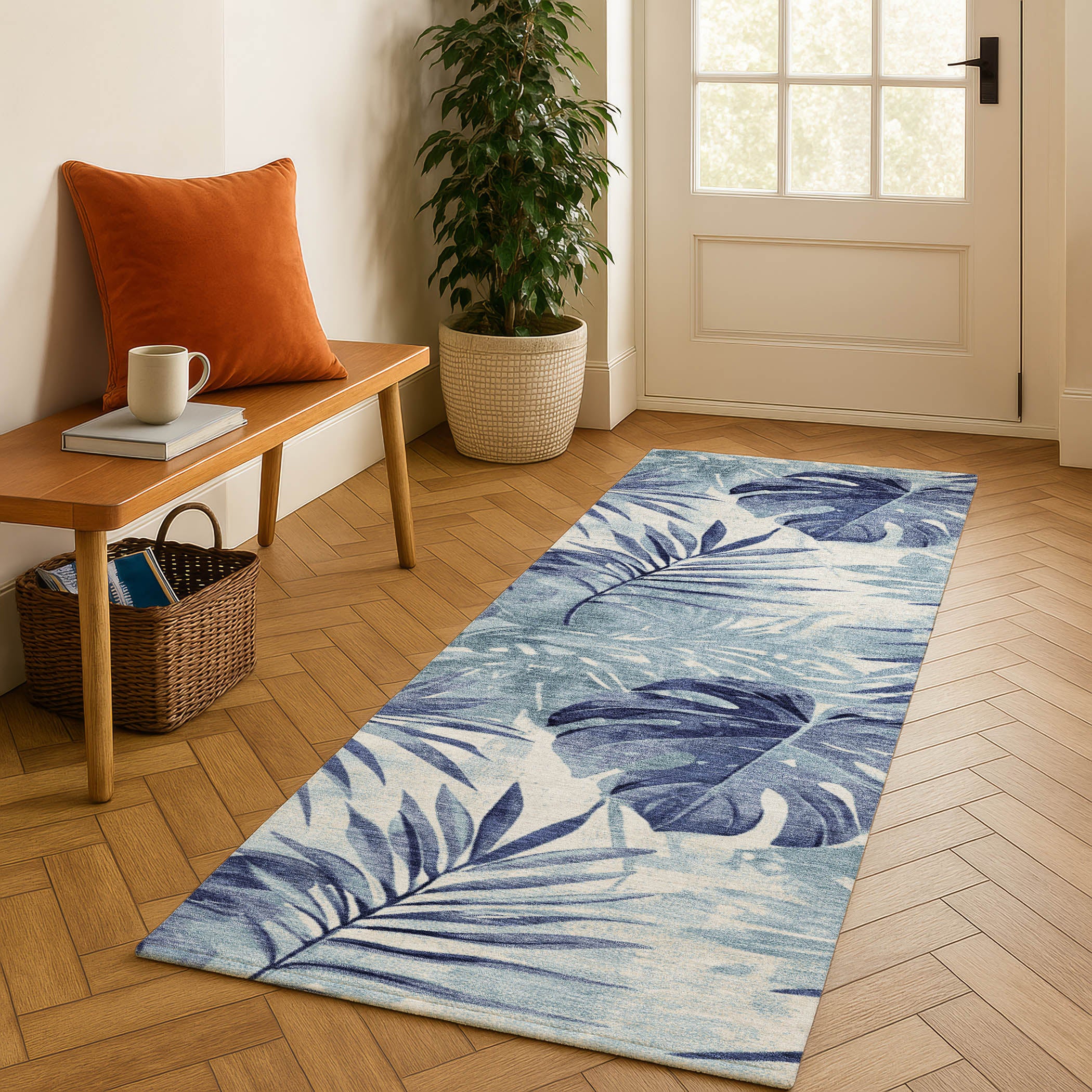 Florence Machine Washable Transitional Blue Rug 2'3" x 7'6" #shape_Runner